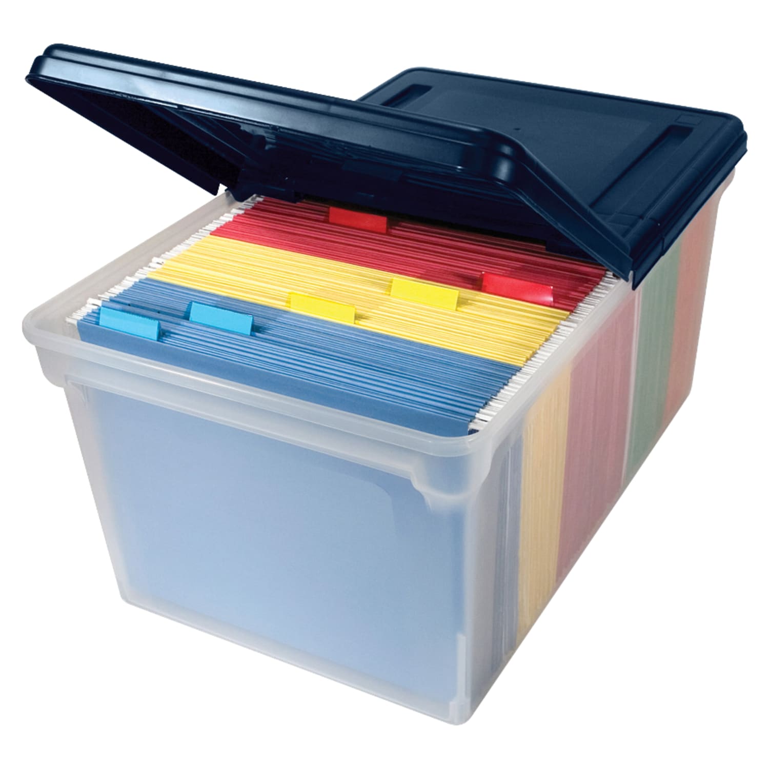 Advantus Extra Capacity Storage File Tote With Lid, Letter Size, 10 13/16in x 23in x 14 1/8in, Clear/Navy