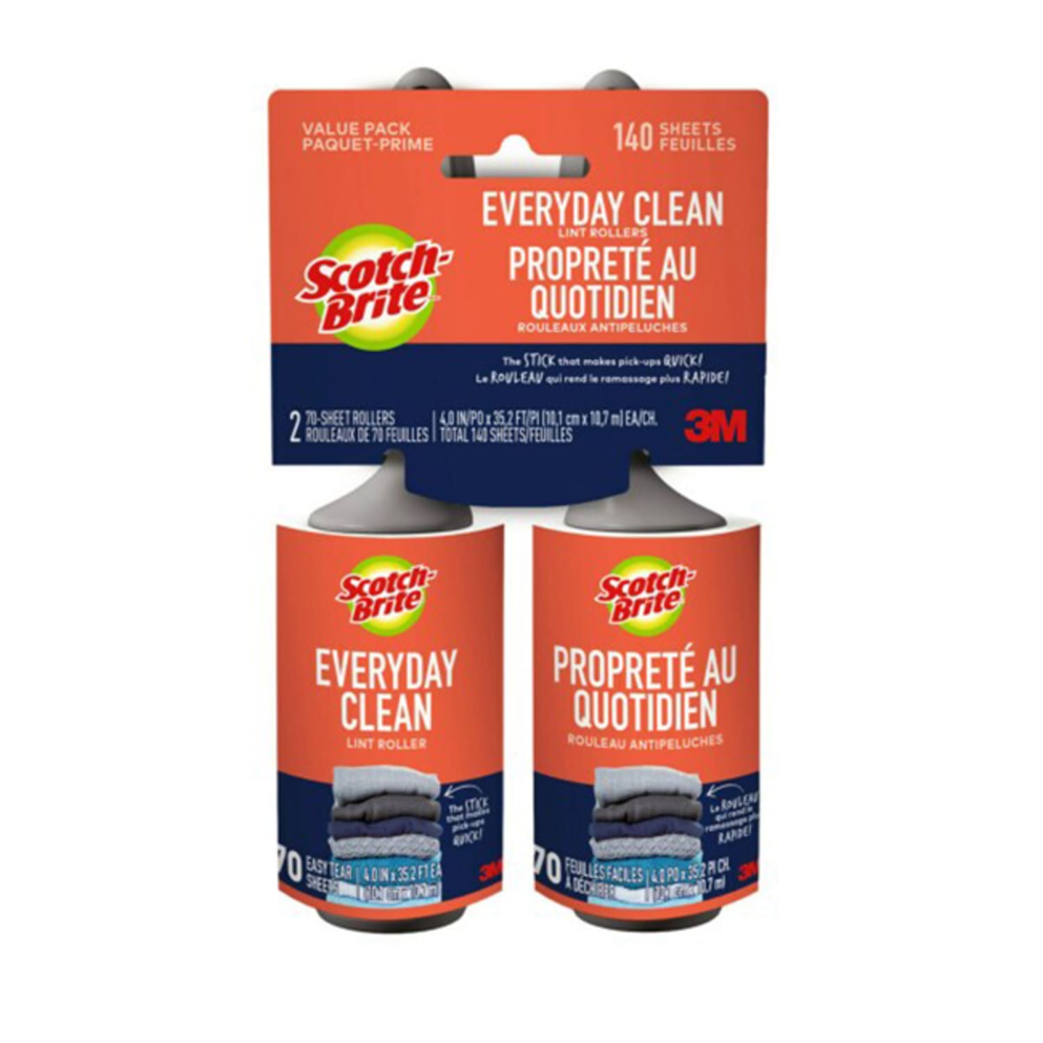 Scotch-Brite Everday Clean Lint Roller, 2 Pack, 140 Adhesive Sheets Total, Lint Remover for Pet Hair, Dark Clothes, Furniture, and Dusty Surfaces