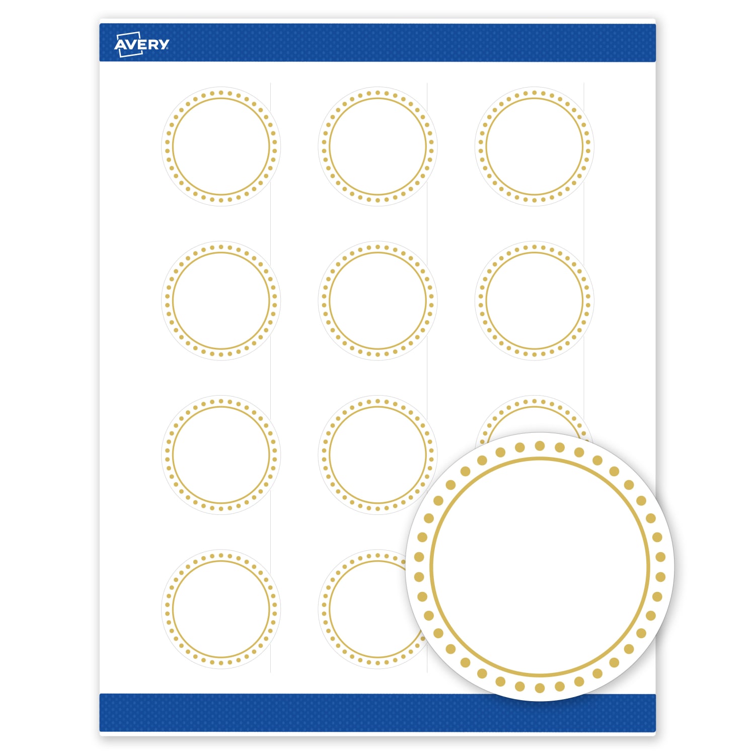 Avery Print-To-The-Edge Labels & Sure Feed, S00-D1D-PRWMP10, 2in Round, Matte White, Preprinted Gold Border & Gold Dots Design, Pack Of 120 - Image 3