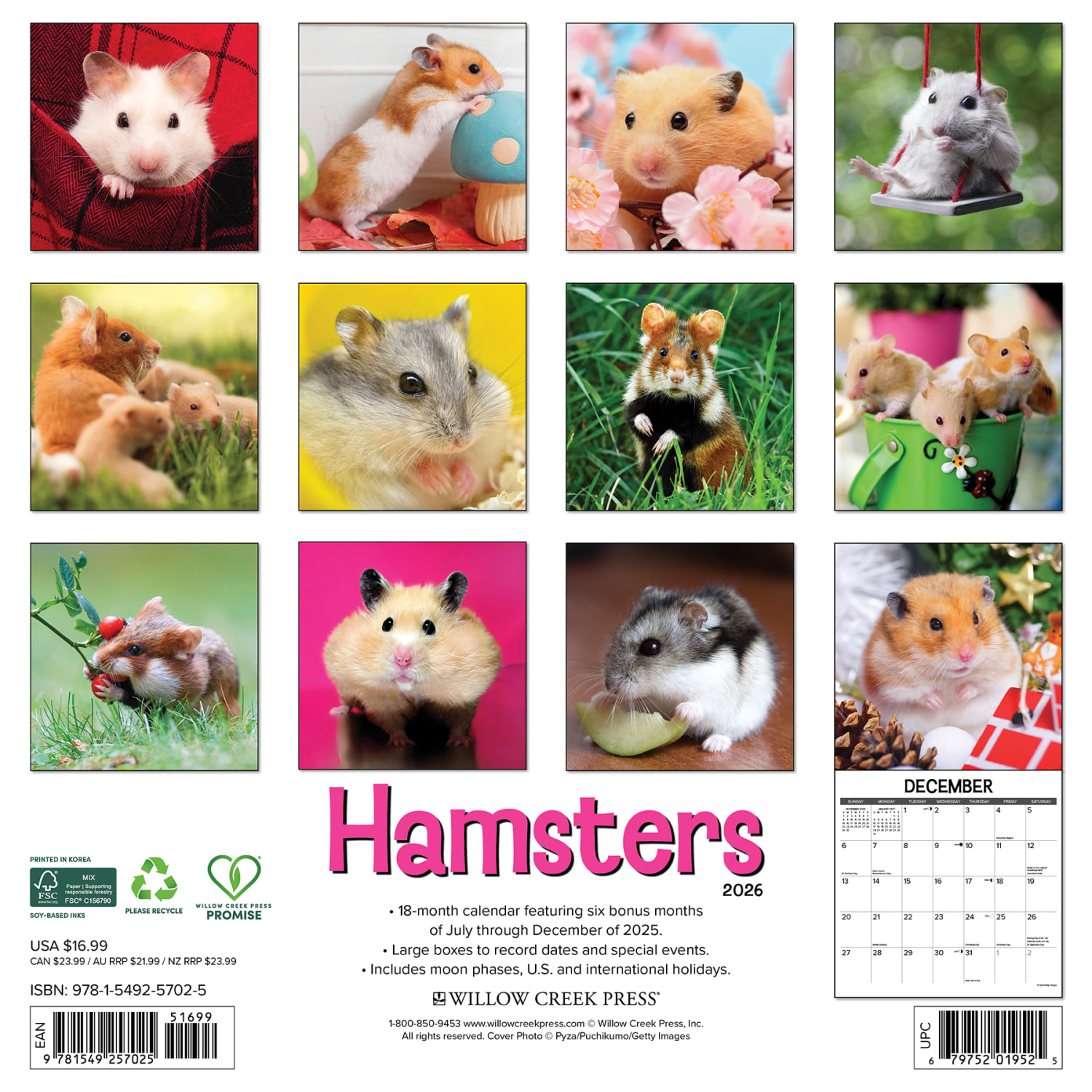 2026 Willow Creek Press Animals Monthly Wall Calendar, 12in x 12in, Hamsters, January To December, 57025 - Image 6
