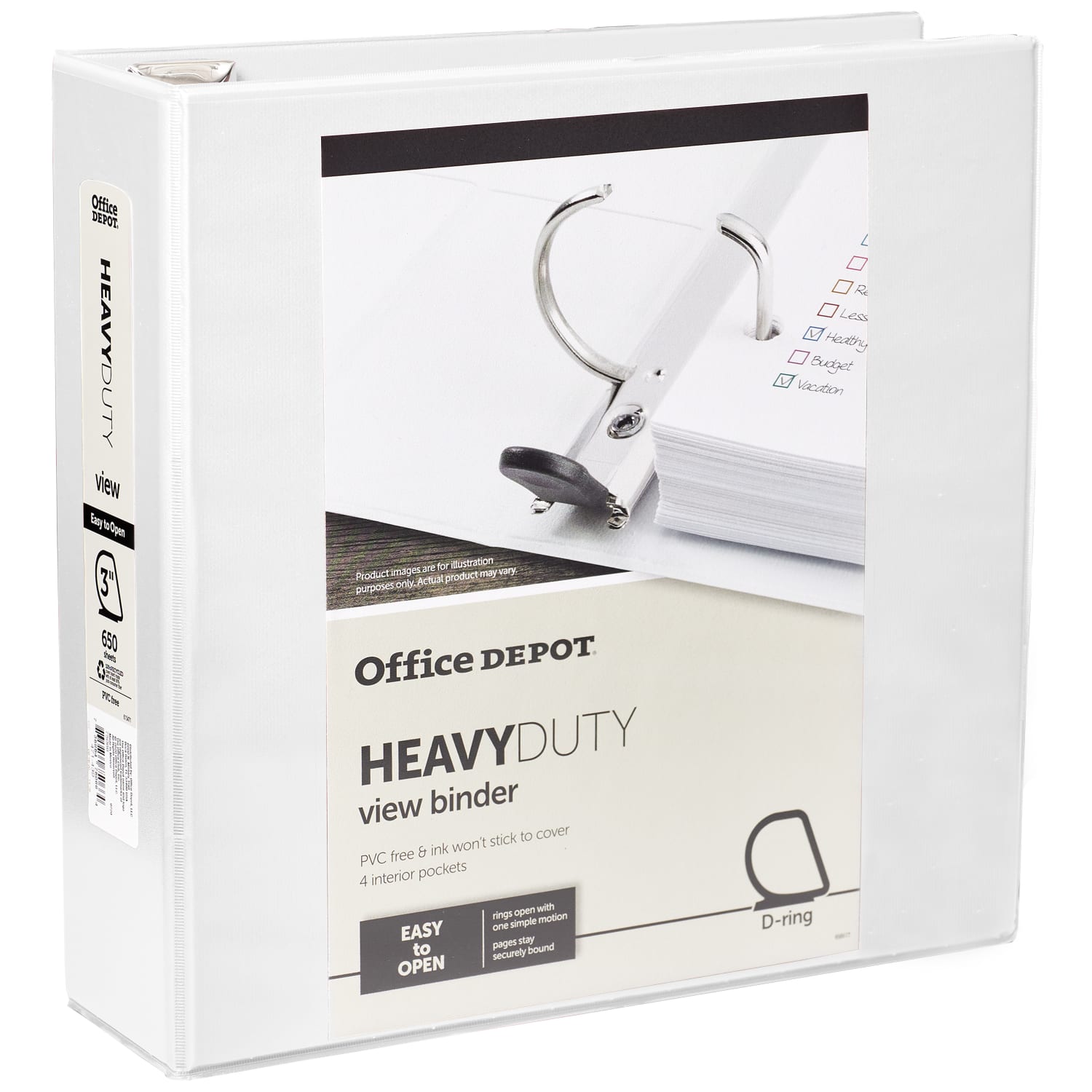 Office Depot Brand Heavy-Duty View 3-Ring Binder, 3in D-Rings, White