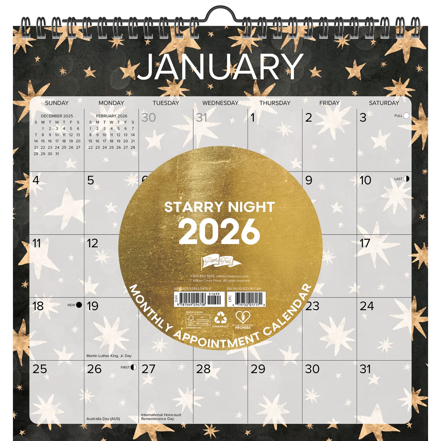 2026-2027 Willow Creek Press Monthly Spiral Wall Calendar, 12in x 12in, Starry Night, July 2026 To June 2027, 54758