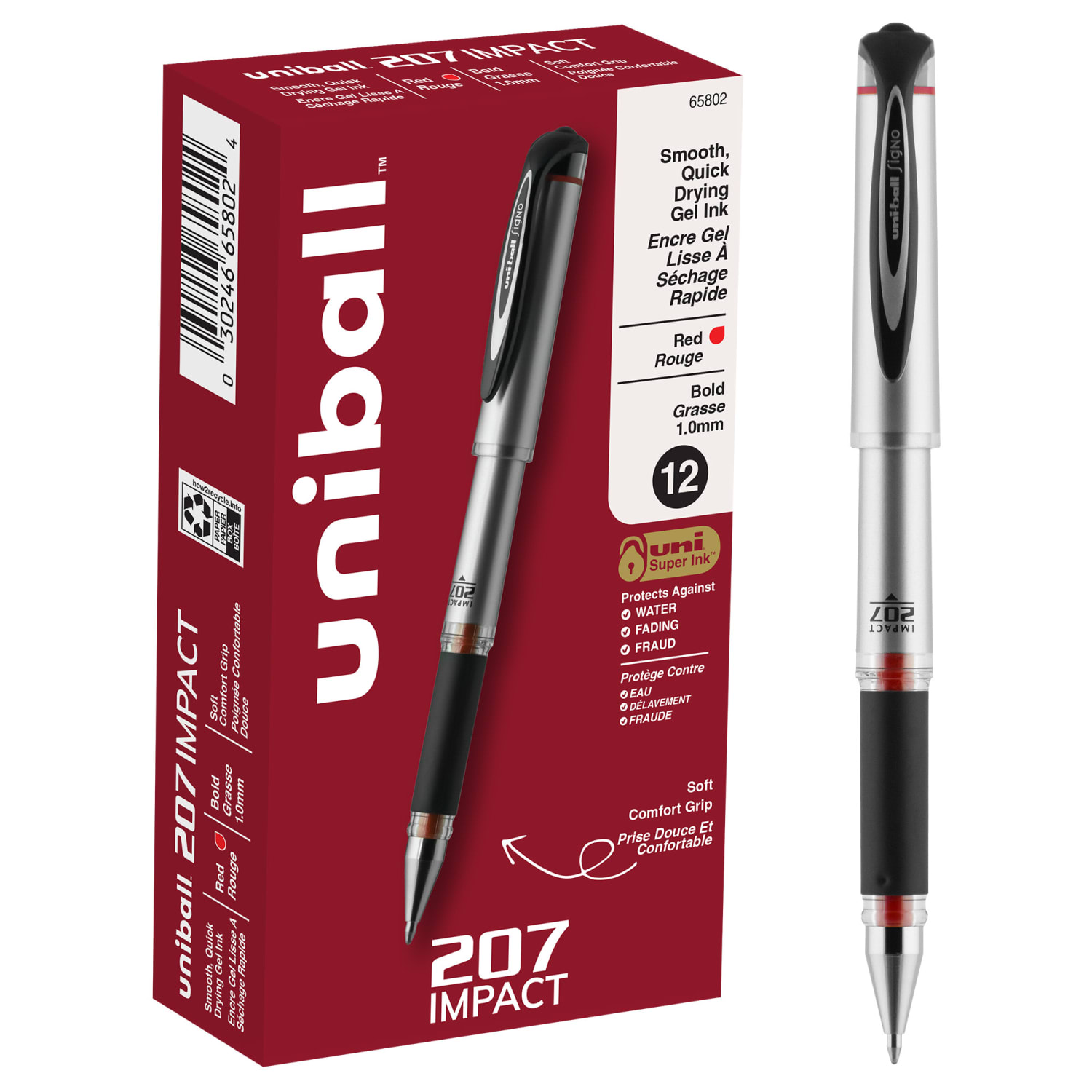uni-ball 207 Impact Gel Pens, Bold Point, 1.0 mm, Red Gray Barrel, Red Ink, Pack Of 12