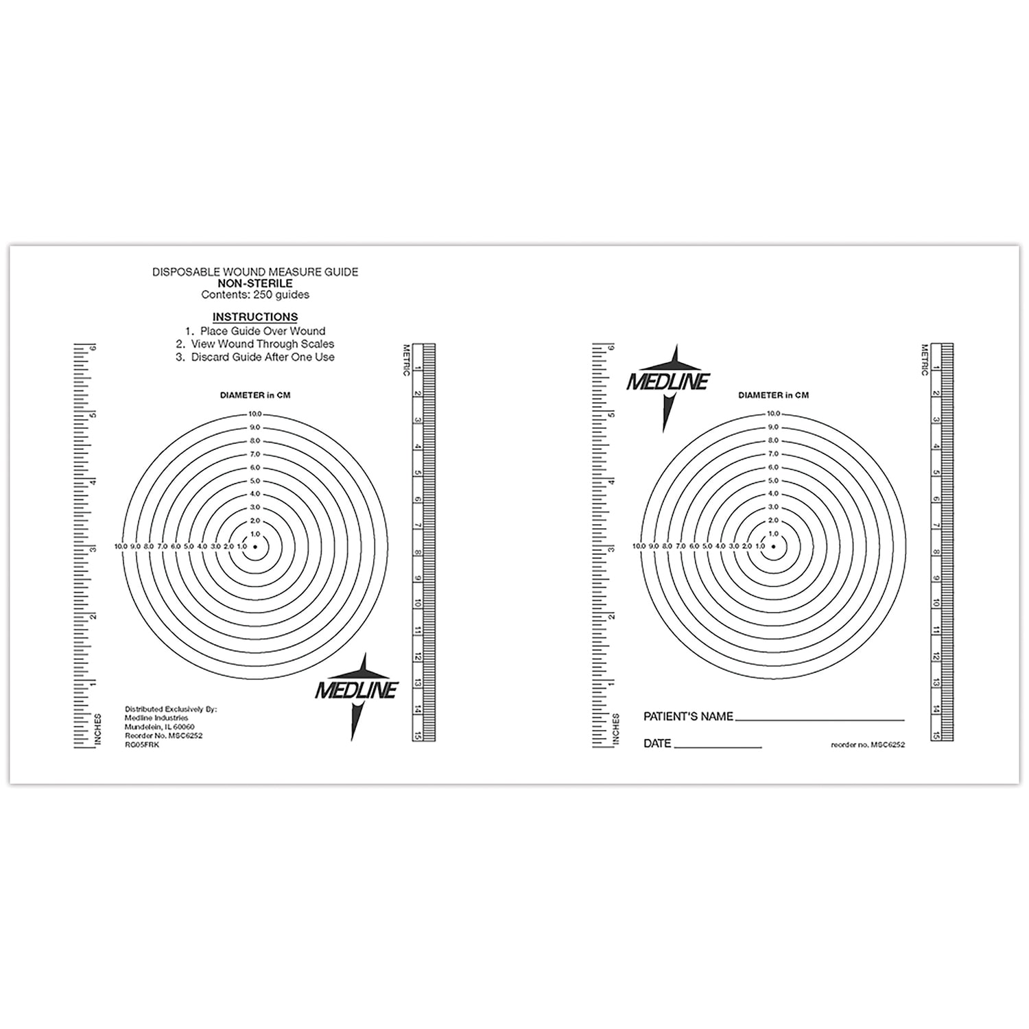 Medline Latex-Free Wound Measuring Bulls-Eye/Ruler, 8 1/2in x 6 1/2in, Black/Clear, Bag Of 250