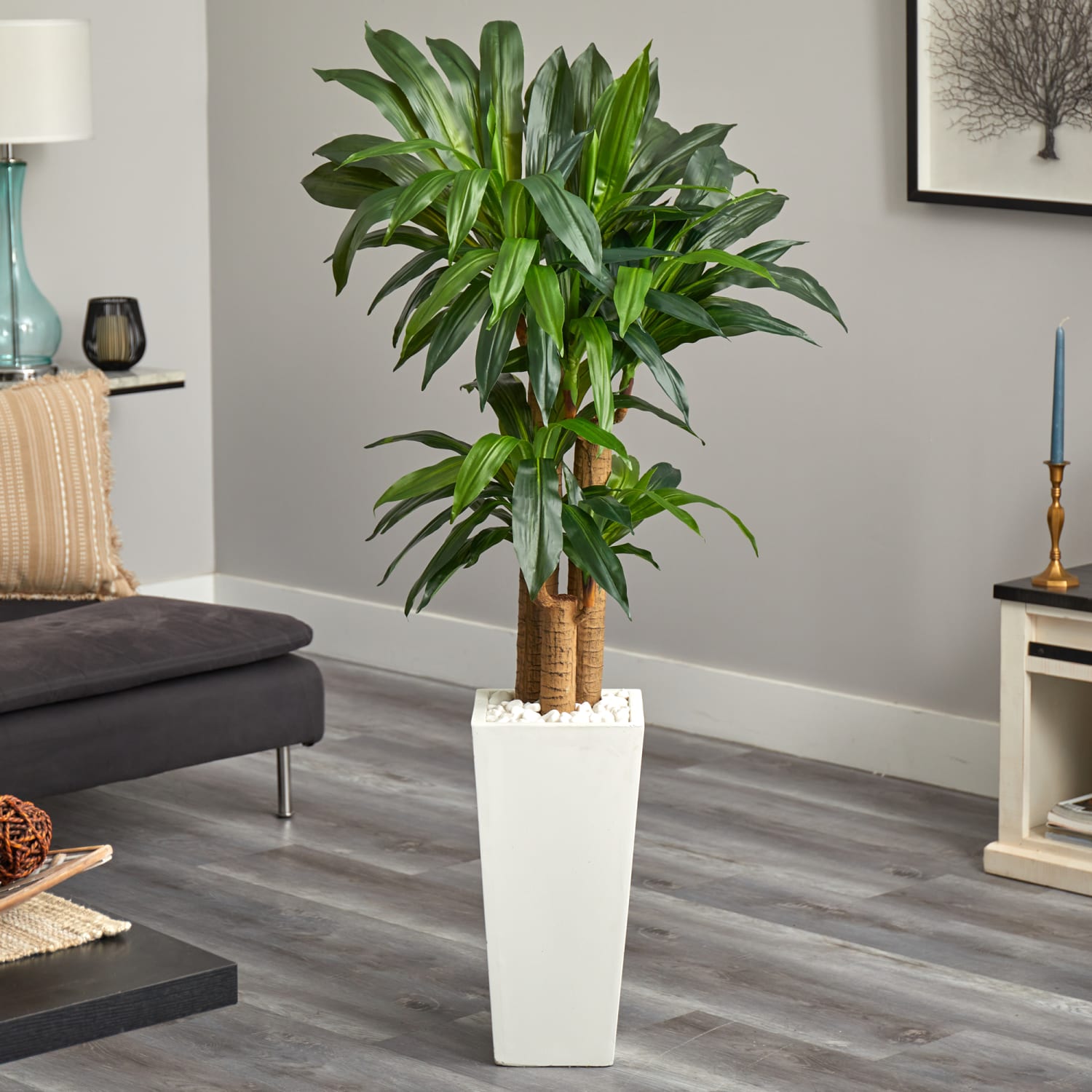 Nearly Natural Cornstalk Dracaena 60in Artificial Plant With Tower Planter, Green/White - Image 3