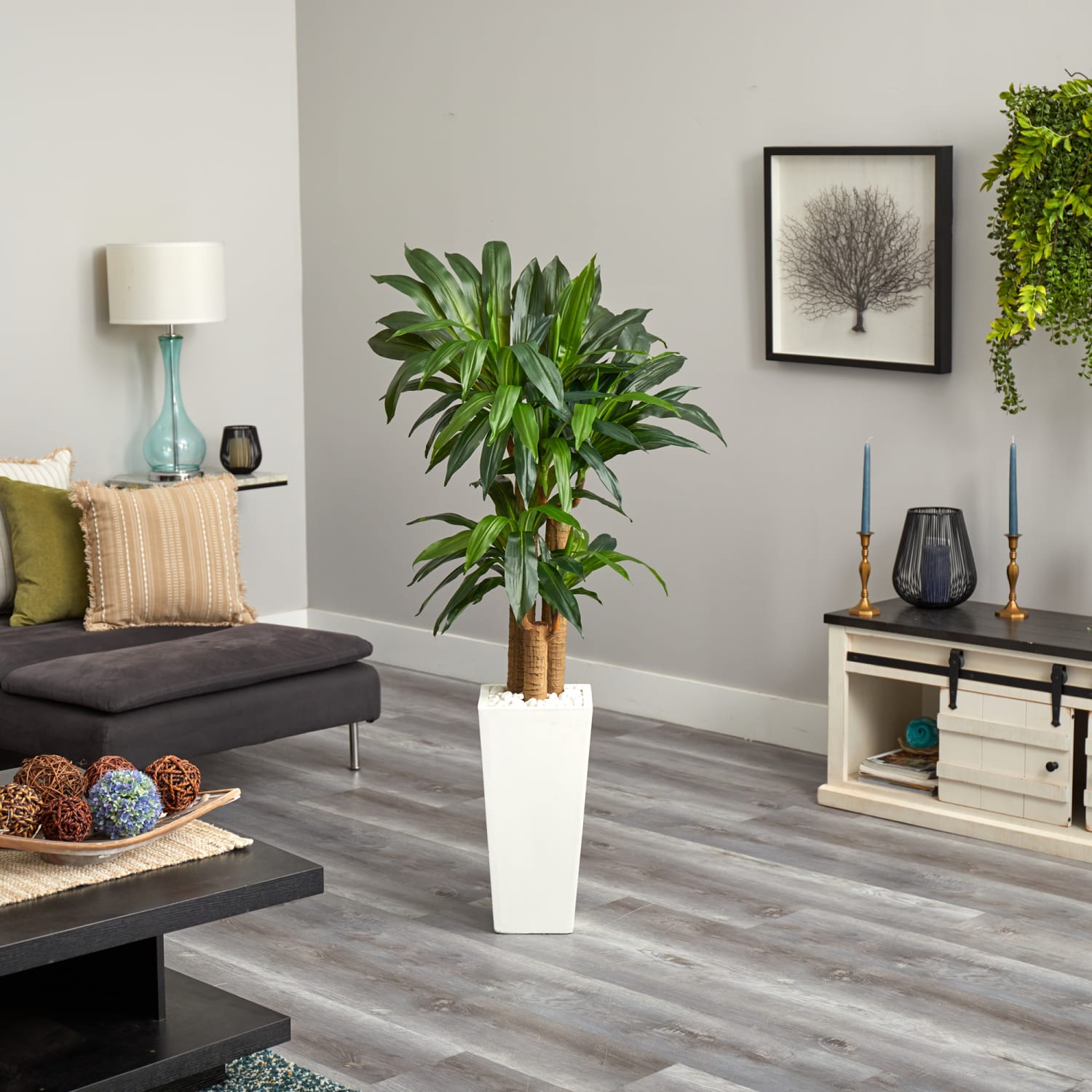 Nearly Natural Cornstalk Dracaena 60in Artificial Plant With Tower Planter, Green/White - Image 4