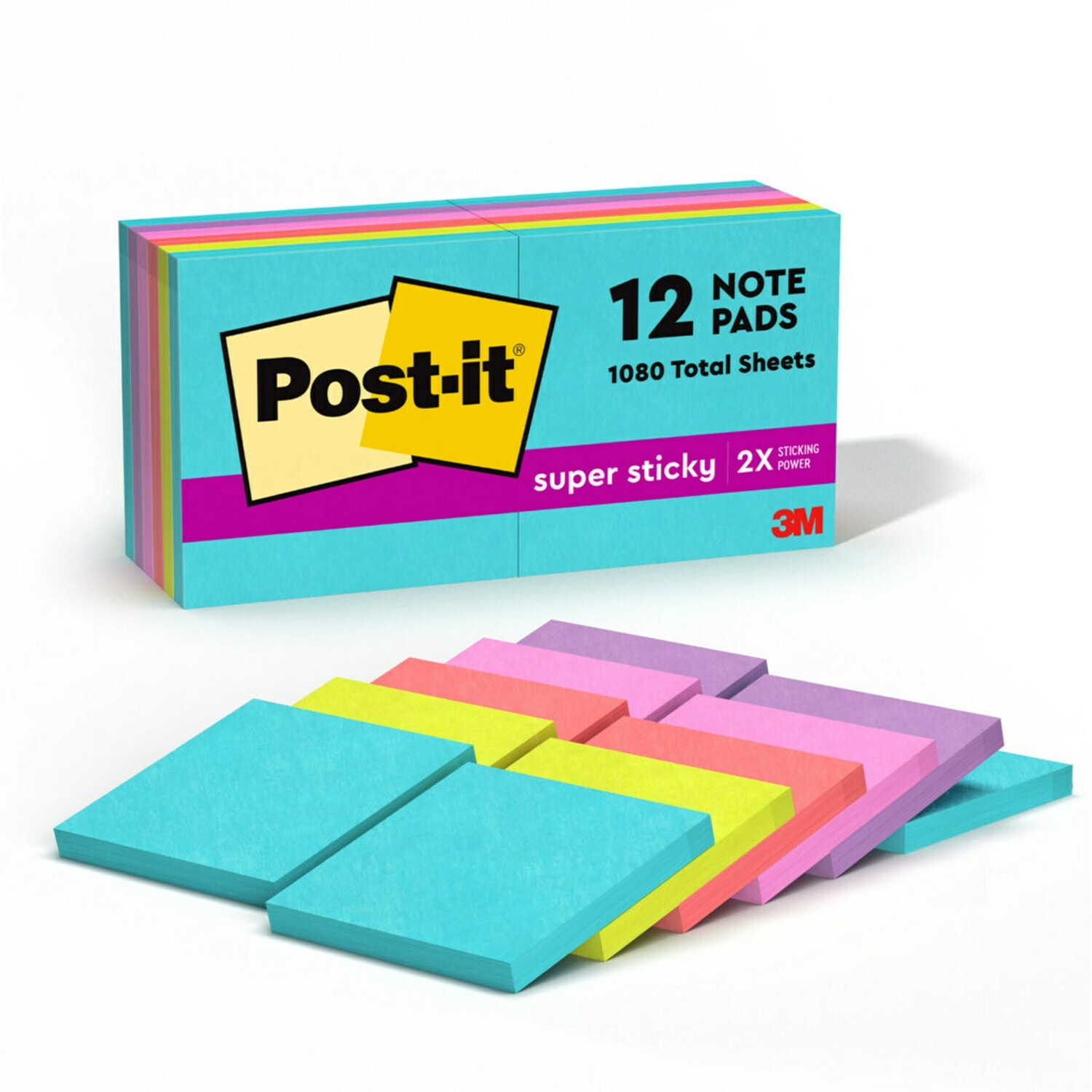 Post-it Super Sticky Notes, 12 Pads, 3 in x 3 in, 2x the Sticking Power, School Supplies and Office Products, Sticky Notes  - 65412SSMIA