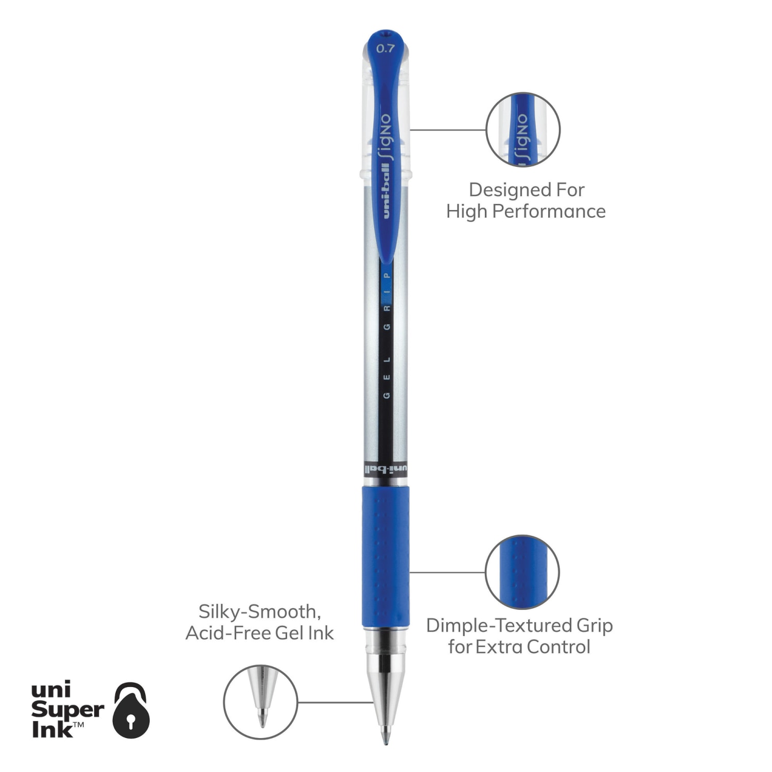 uni-ball Gel Grip Pens, Medium Point, 0.7 mm, Clear Barrel, Blue Ink, Pack Of 12 - Image 4