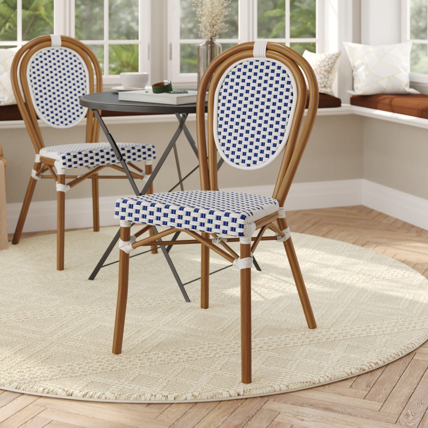 Flash Furniture Lourdes Indoor/Outdoor Commercial Thonet Bistro Stacking Chair, PE Rattan and Aluminum Frame, White & Navy/Natural Frame - Image 3