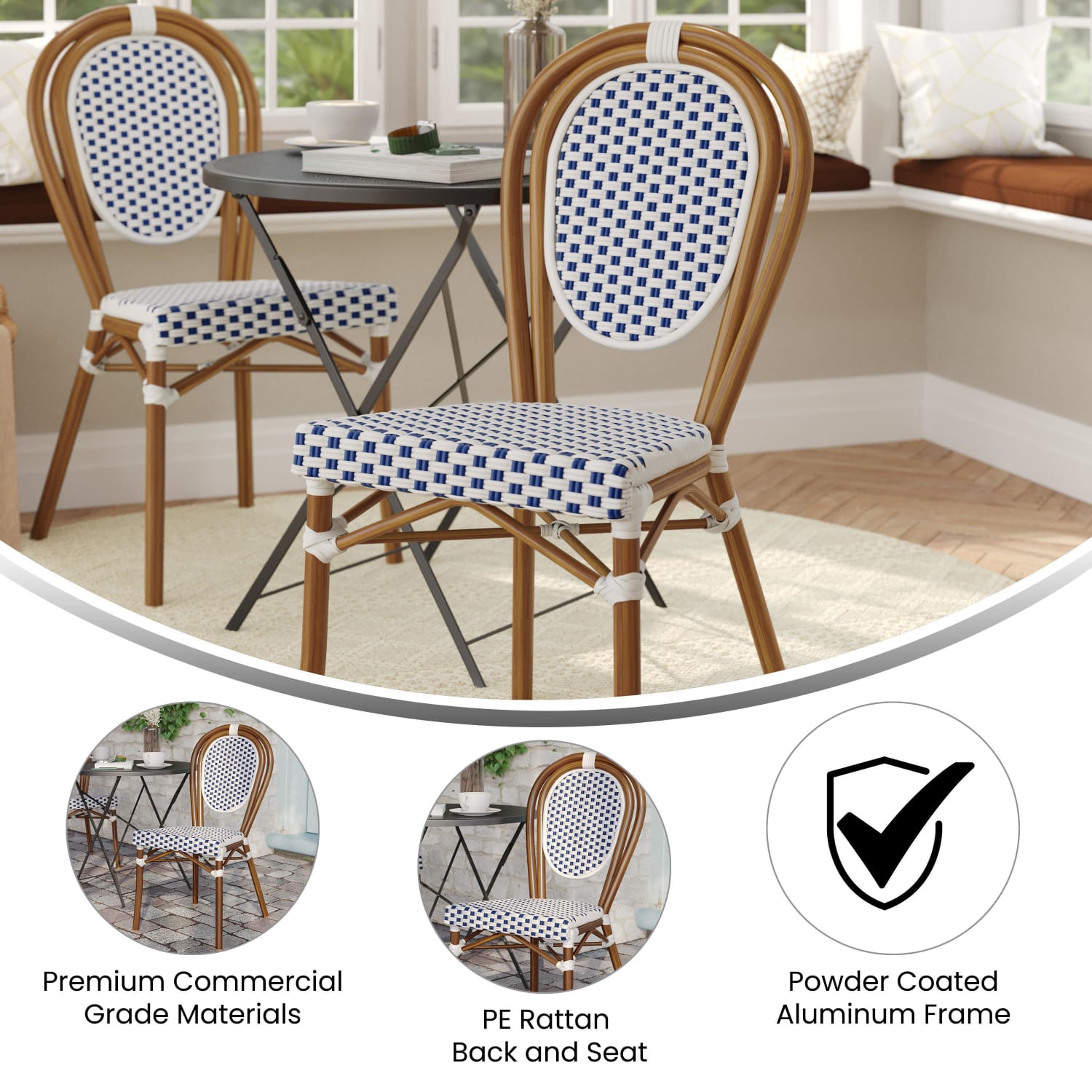 Flash Furniture Lourdes Indoor/Outdoor Commercial Thonet Bistro Stacking Chair, PE Rattan and Aluminum Frame, White & Navy/Natural Frame - Image 4