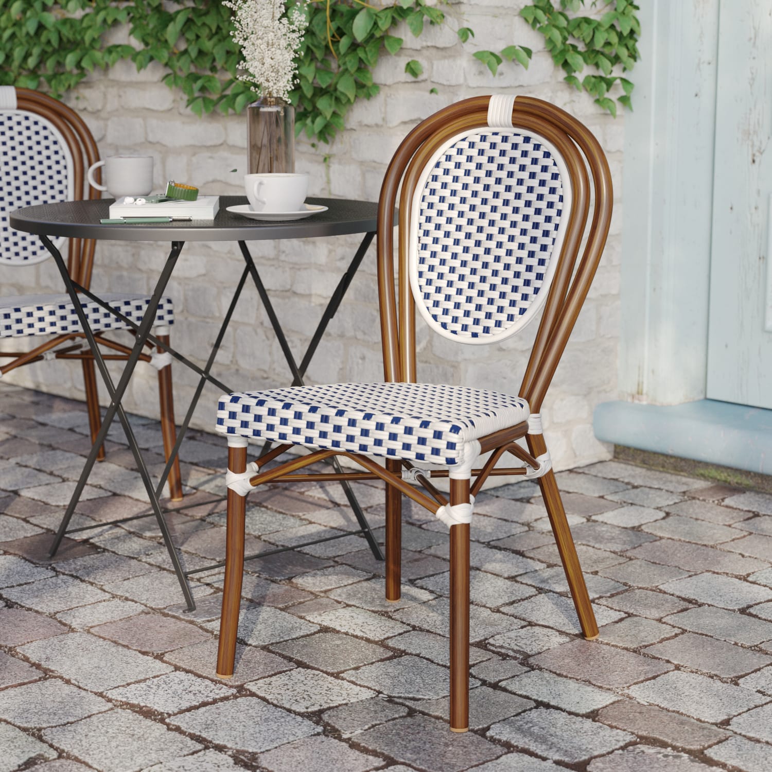 Flash Furniture Lourdes IndoorOutdoor Commercial Thonet Bistro Stacking Chair PE Rattan and Aluminum Frame White  NavyNatural Frame PopularChairscom