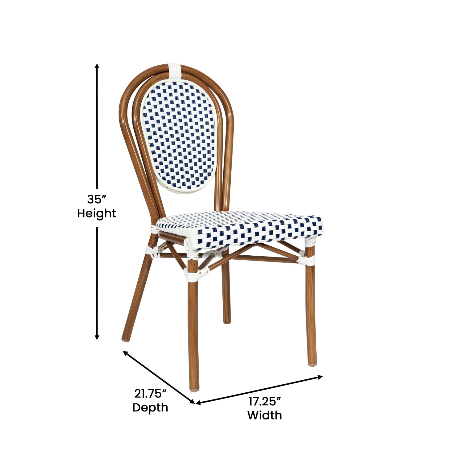 Flash Furniture Lourdes IndoorOutdoor Commercial Thonet Bistro Stacking Chair PE Rattan and Aluminum Frame White  NavyNatural Frame PopularChairscom