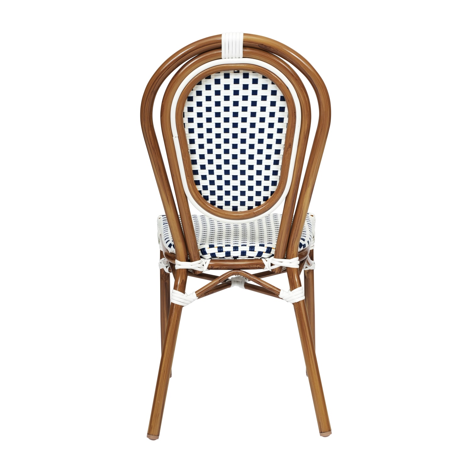 Flash Furniture Lourdes IndoorOutdoor Commercial Thonet Bistro Stacking Chair PE Rattan and Aluminum Frame White  NavyNatural Frame PopularChairscom