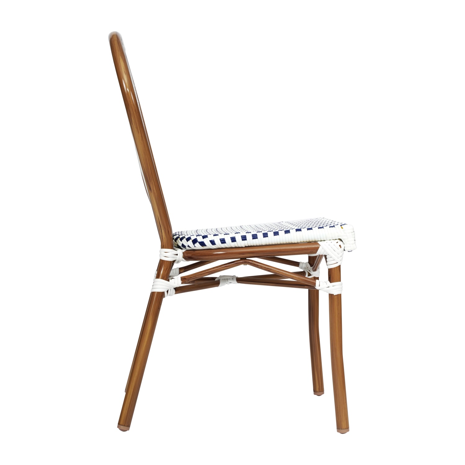 Flash Furniture Lourdes IndoorOutdoor Commercial Thonet Bistro Stacking Chair PE Rattan and Aluminum Frame White  NavyNatural Frame PopularChairscom