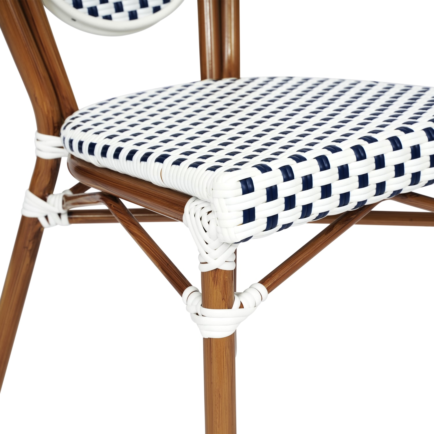 Flash Furniture Lourdes IndoorOutdoor Commercial Thonet Bistro Stacking Chair PE Rattan and Aluminum Frame White  NavyNatural Frame PopularChairscom