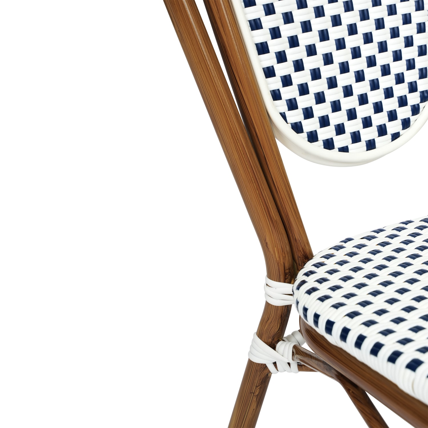 Flash Furniture Lourdes IndoorOutdoor Commercial Thonet Bistro Stacking Chair PE Rattan and Aluminum Frame White  NavyNatural Frame PopularChairscom