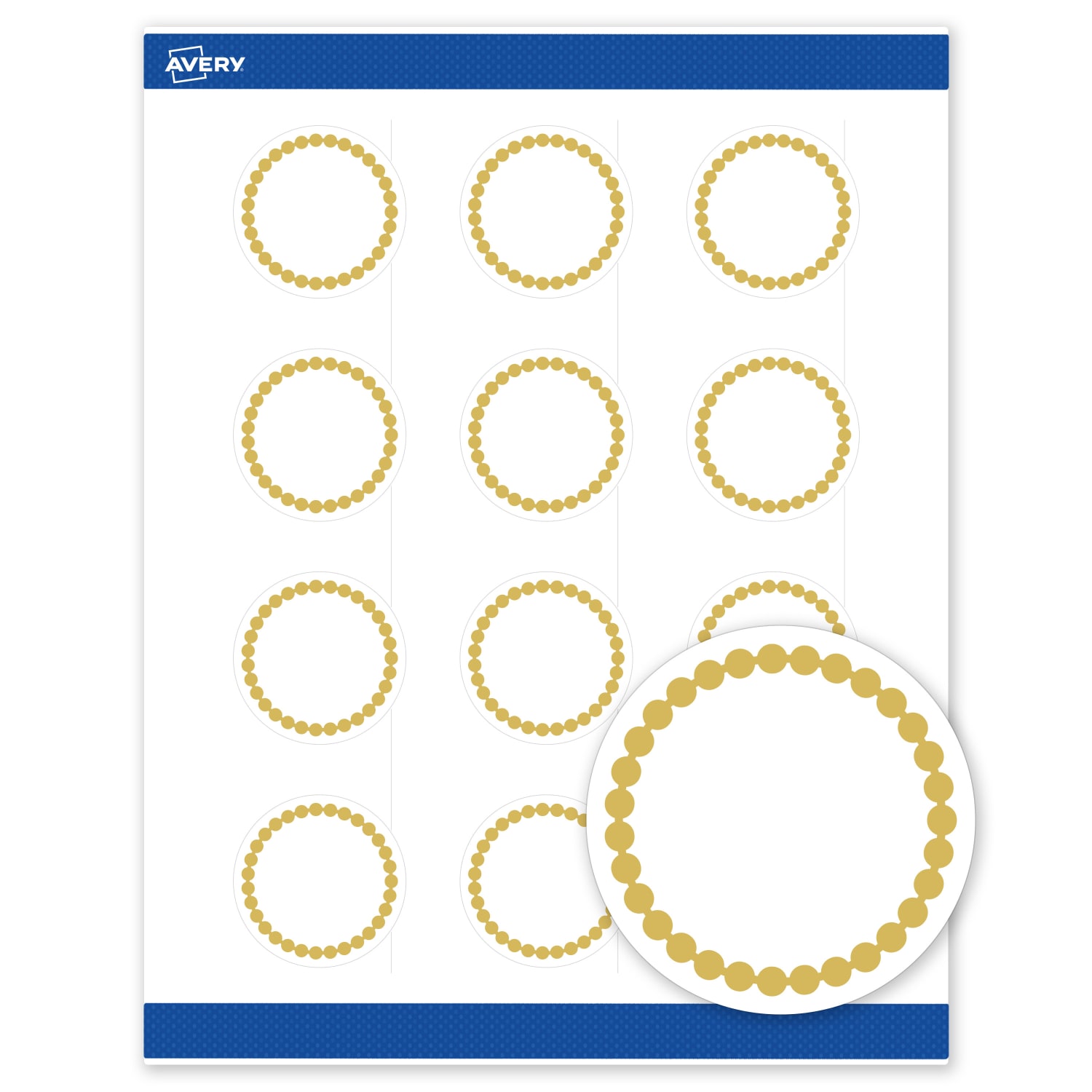 Avery Print-To-The-Edge Labels With Sure Feed Technology, S00-D1J-PRWMP10, Round, 2in, Matte White, Preprinted Gold Beads Design, Pack Of 120 - Image 3