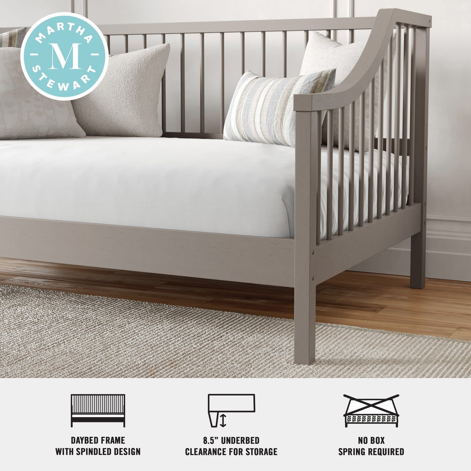 Flash Furniture Martha Stewart Neely Solid Wood Platform Daybed with Wooden Spindles and Slatted Foundation with No Box Spring Required, Gray, Twin - Image 4