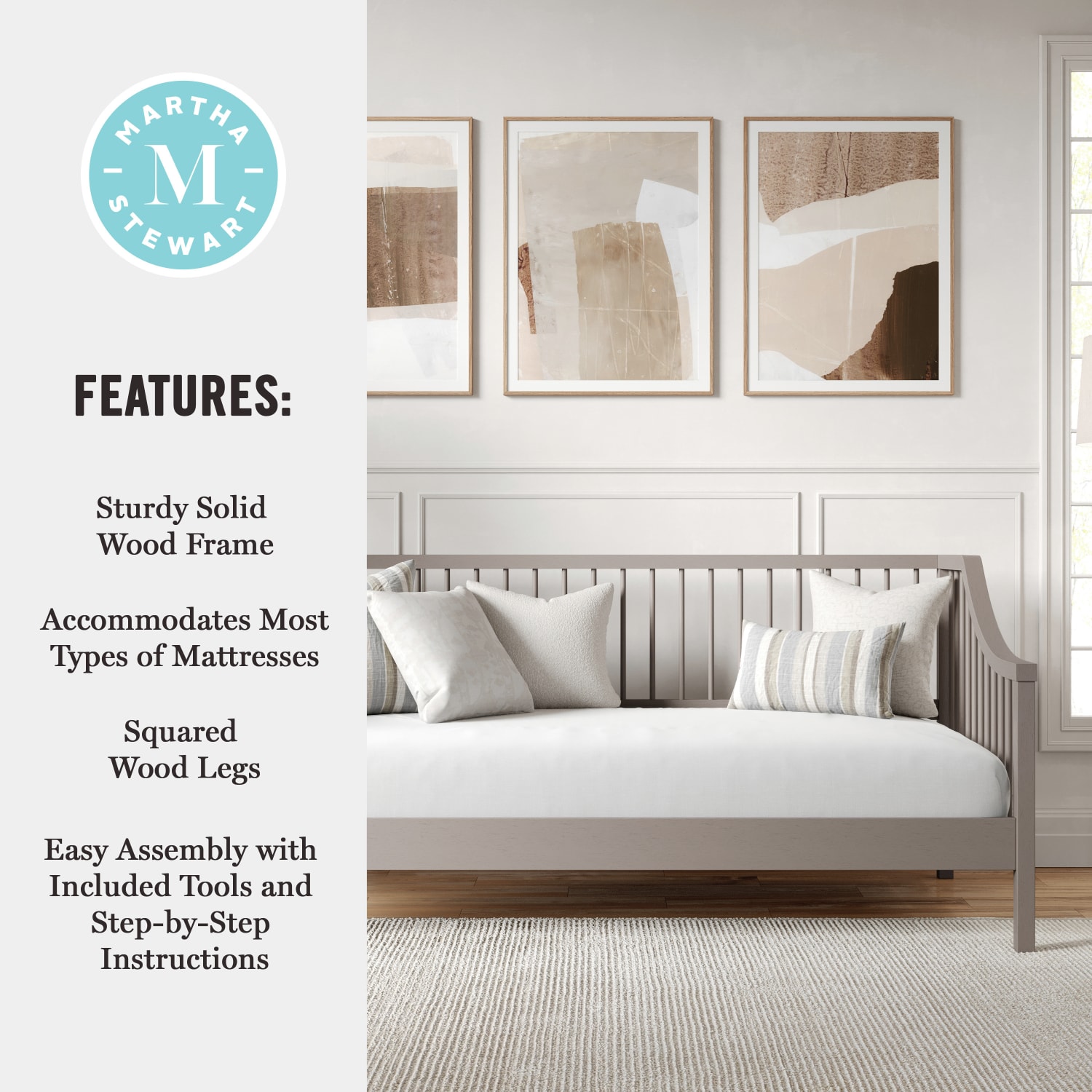 Flash Furniture Martha Stewart Neely Solid Wood Platform Daybed with Wooden Spindles and Slatted Foundation with No Box Spring Required, Gray, Twin - Image 5