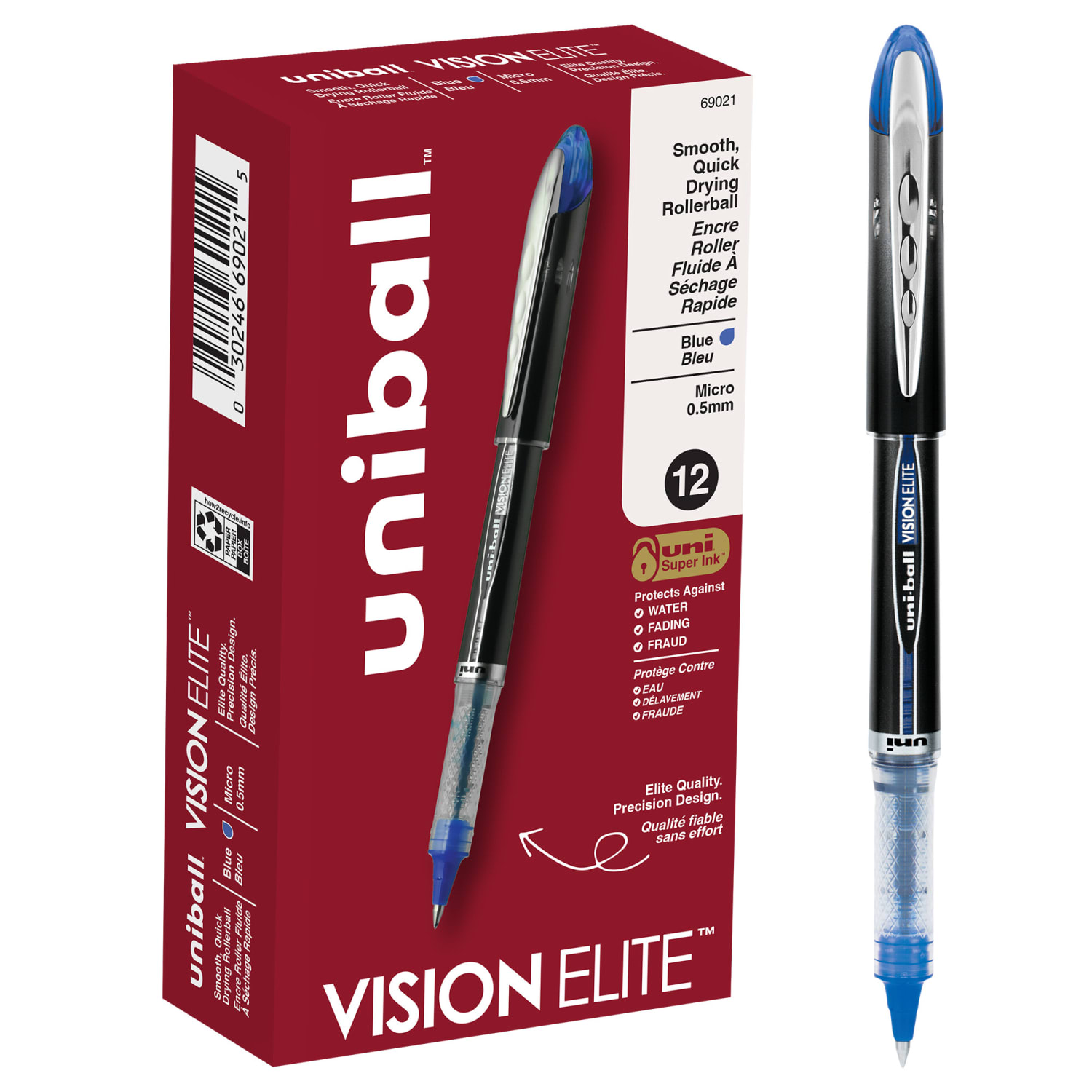 uni-ball Vision Elite Rollerball Pens, Ultra-Fine Point, 0.5 mm, Black Barrel, Blue Ink, Pack Of 12 Pens