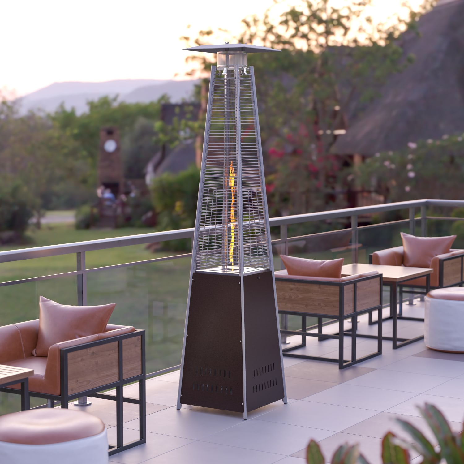 Flash Furniture Sol Stainless-Steel Pyramid 42,000 BTU Outdoor Propane Heater With Wheels, 90inH x 22-1/4inW x 22-1/4inD, Bronze