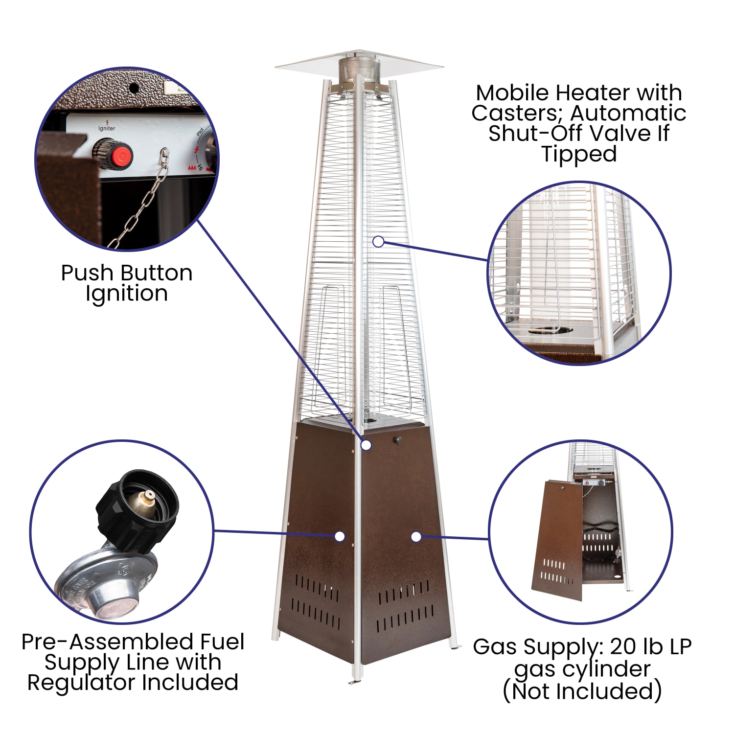 Flash Furniture Sol Stainless-Steel Pyramid 42,000 BTU Outdoor Propane Heater With Wheels, 90inH x 22-1/4inW x 22-1/4inD, Bronze - Image 5