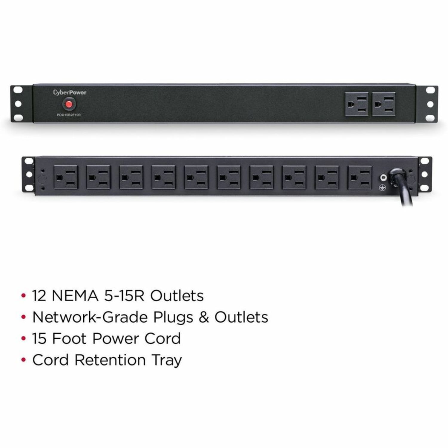 CyberPower PDU15B2F10R 100 - 125 VAC 15A Basic PDU - 12 Outlets, 15 ft, NEMA 5-15P, Horizontal, 1U, Lifetime Warranty - Image 4