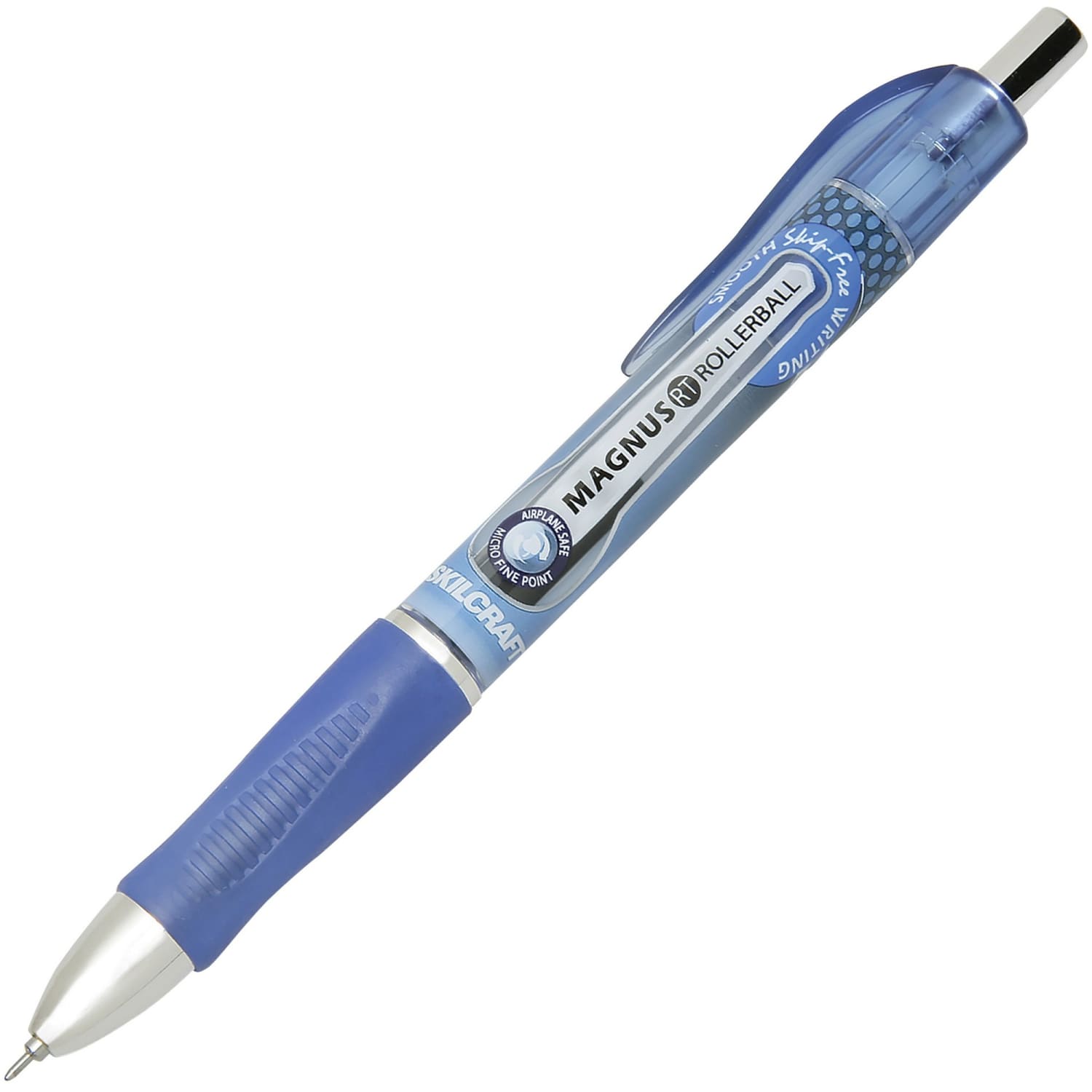 SKILCRAFT Magnus Retractable Rollerball Pens, Needle Point, 0.7 mm, Blue Barrel, Blue Ink, Pack Of 12 - Image 3