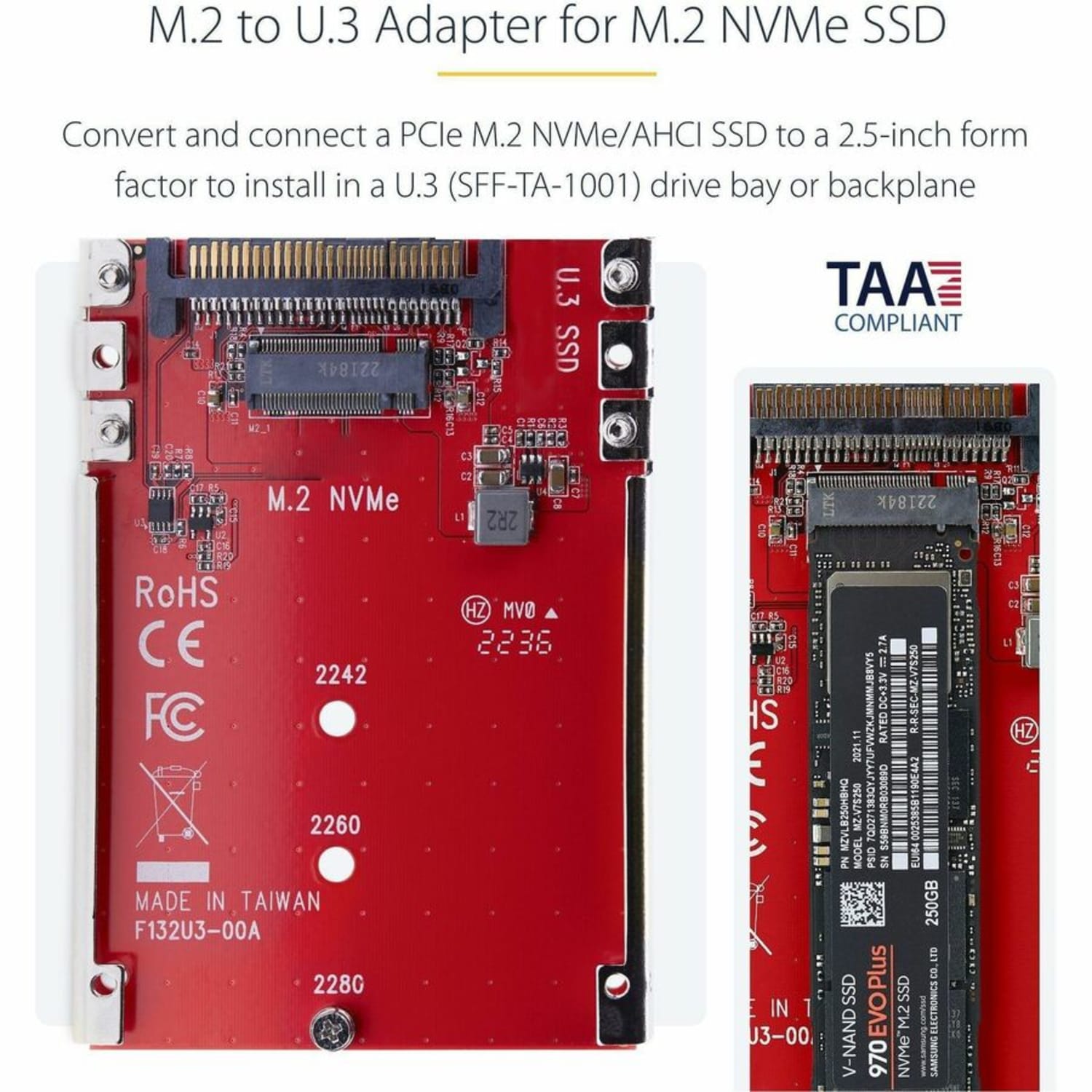 StarTech.com M.2 to U.3 Adapter, For M.2 NVMe SSDs, PCIe M.2 Drive to 2.5inch U.3 (SFF-TA-1001) Host Adapter/Converter, TAA Compliant - Image 3