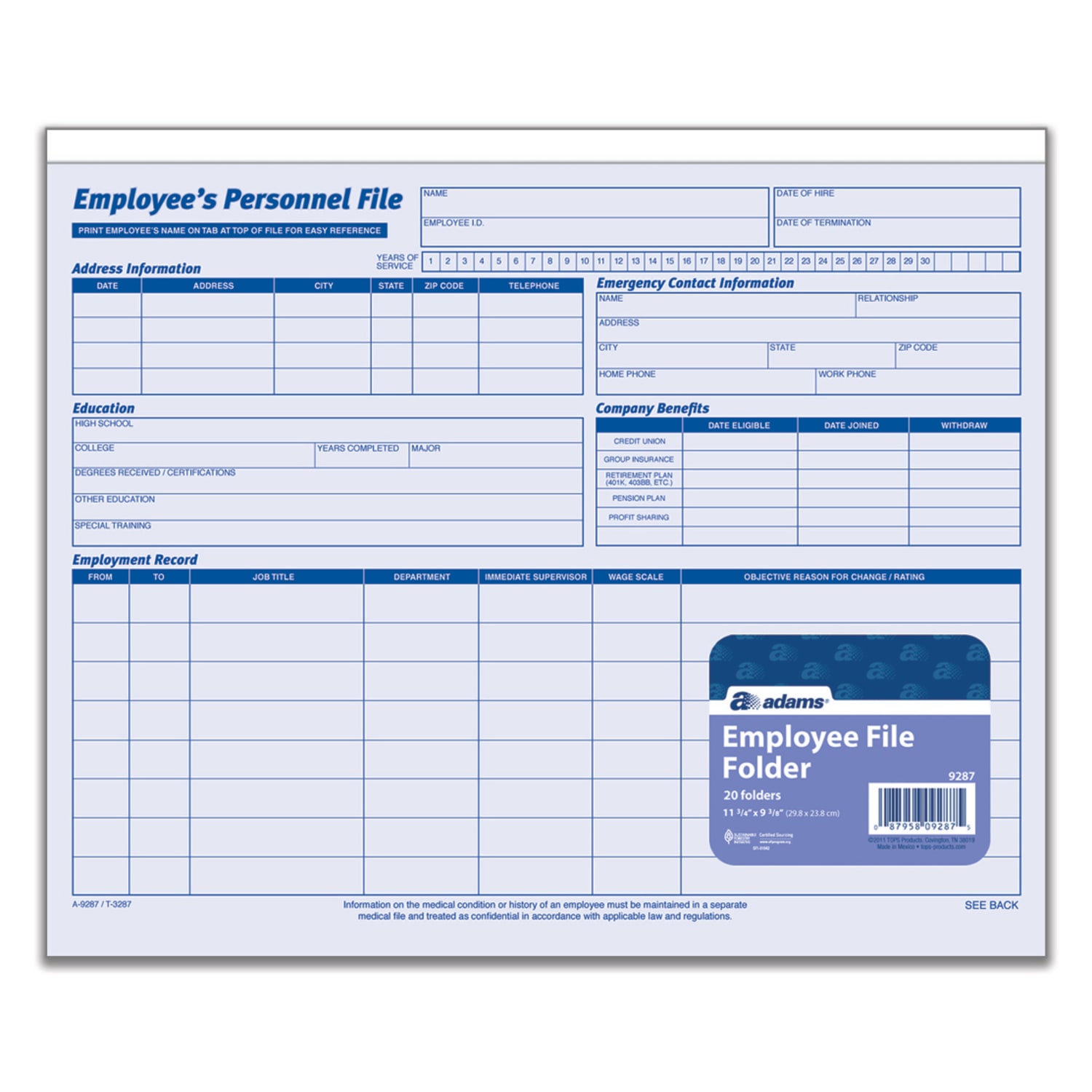 Adams Employee Record Folders, 9 1/2in x 11 3/4in, Folded, Pack Of 20 - Image 3
