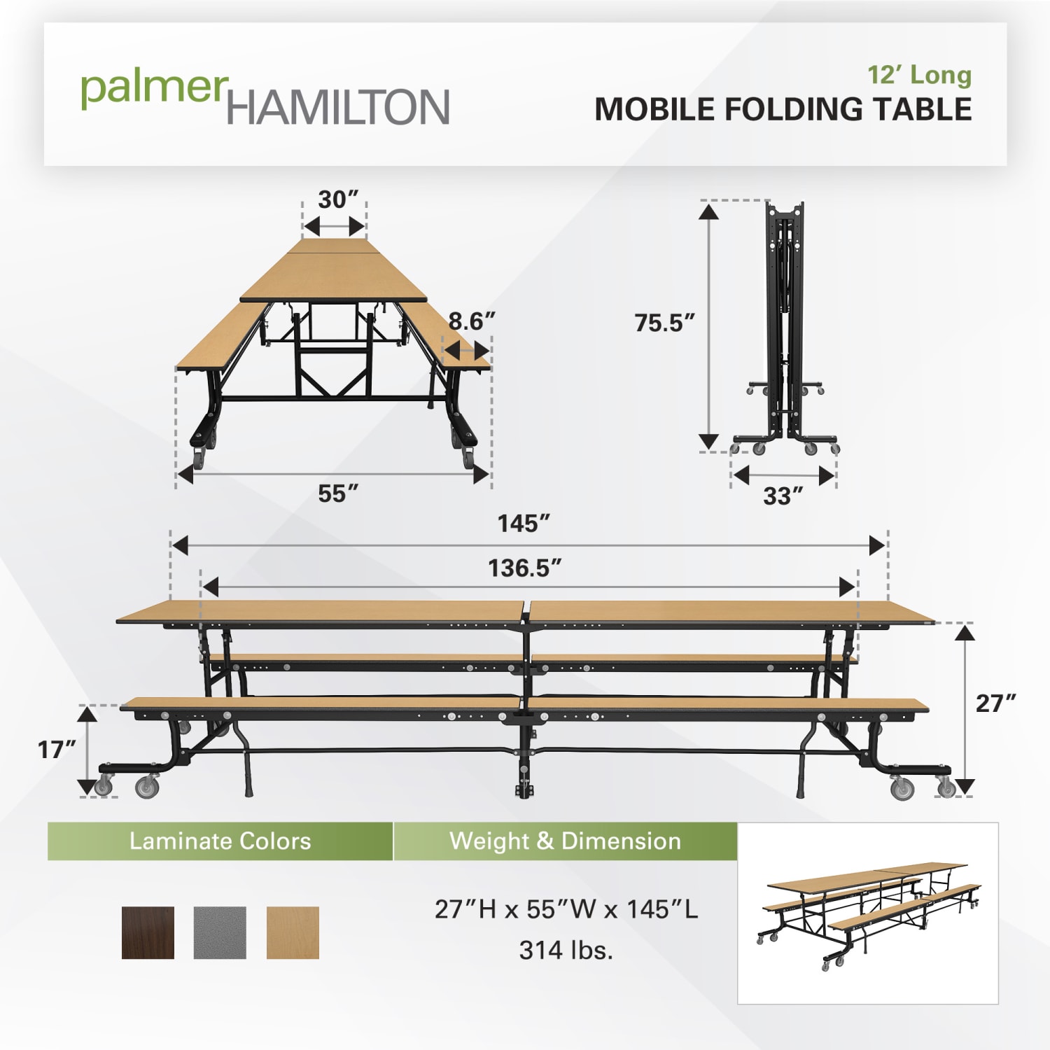 Palmer Hamilton 19F Mobile Cafeteria Bench Table, 27in x 145in, Fusion Maple - Image 4