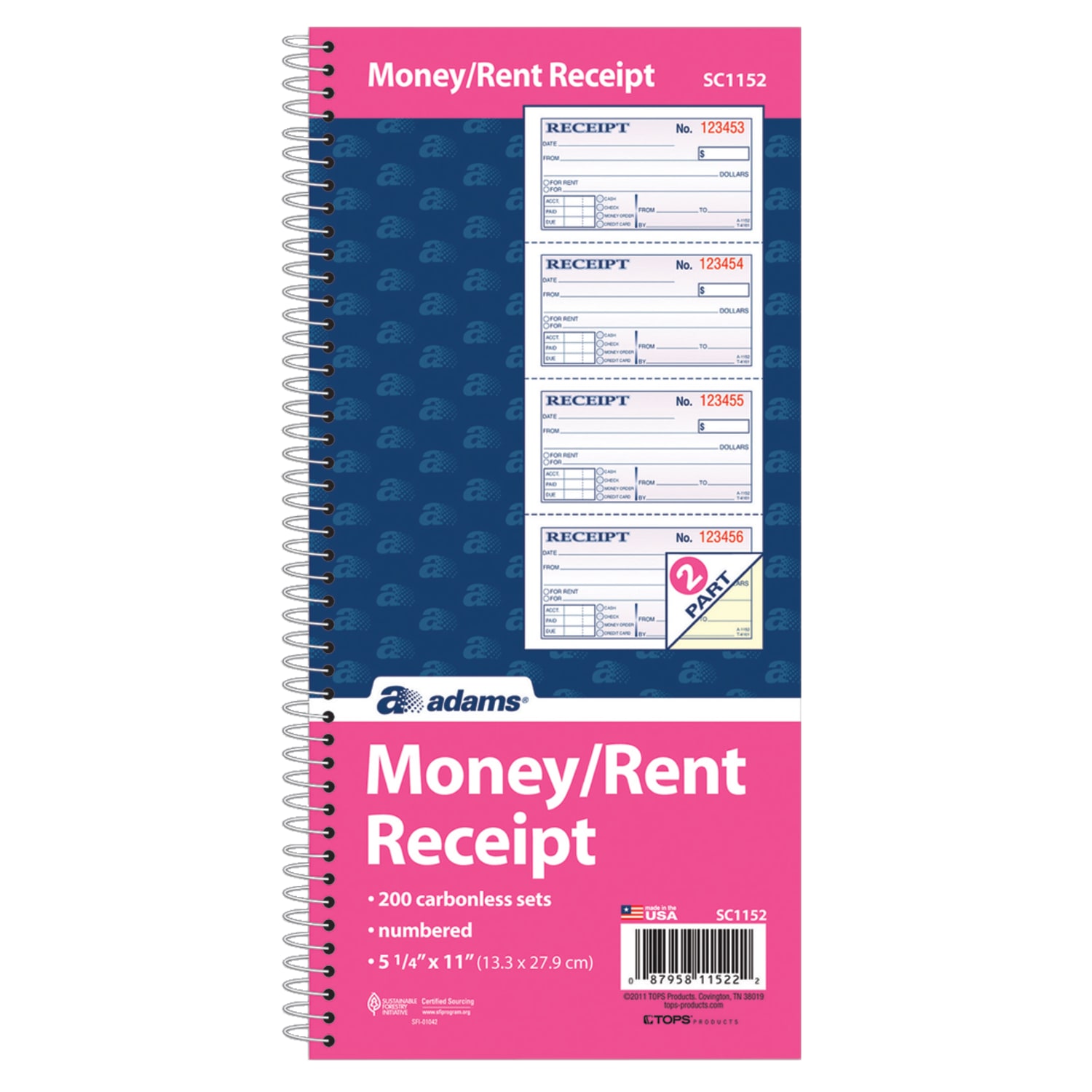 Adams Carbonless 2-Part Spiral Money/Rent Receipt Book, 11in x 5 1/4in, Book Of 200 Sets - Image 3