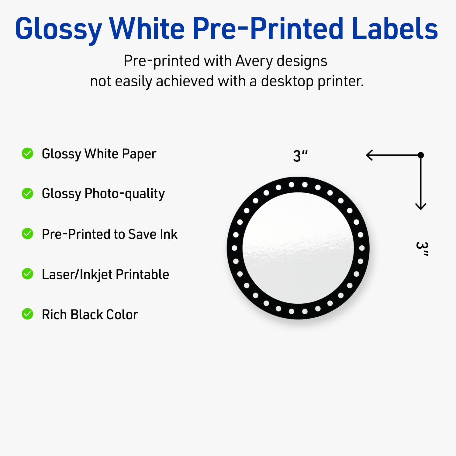 Avery Print-To-The-Edge Labels & Sure Feed, S00-DKP-PRWGP10, 3in Round, Glossy White, Preprinted Black & White Polka Dots Design, Pack Of 60 - Image 4
