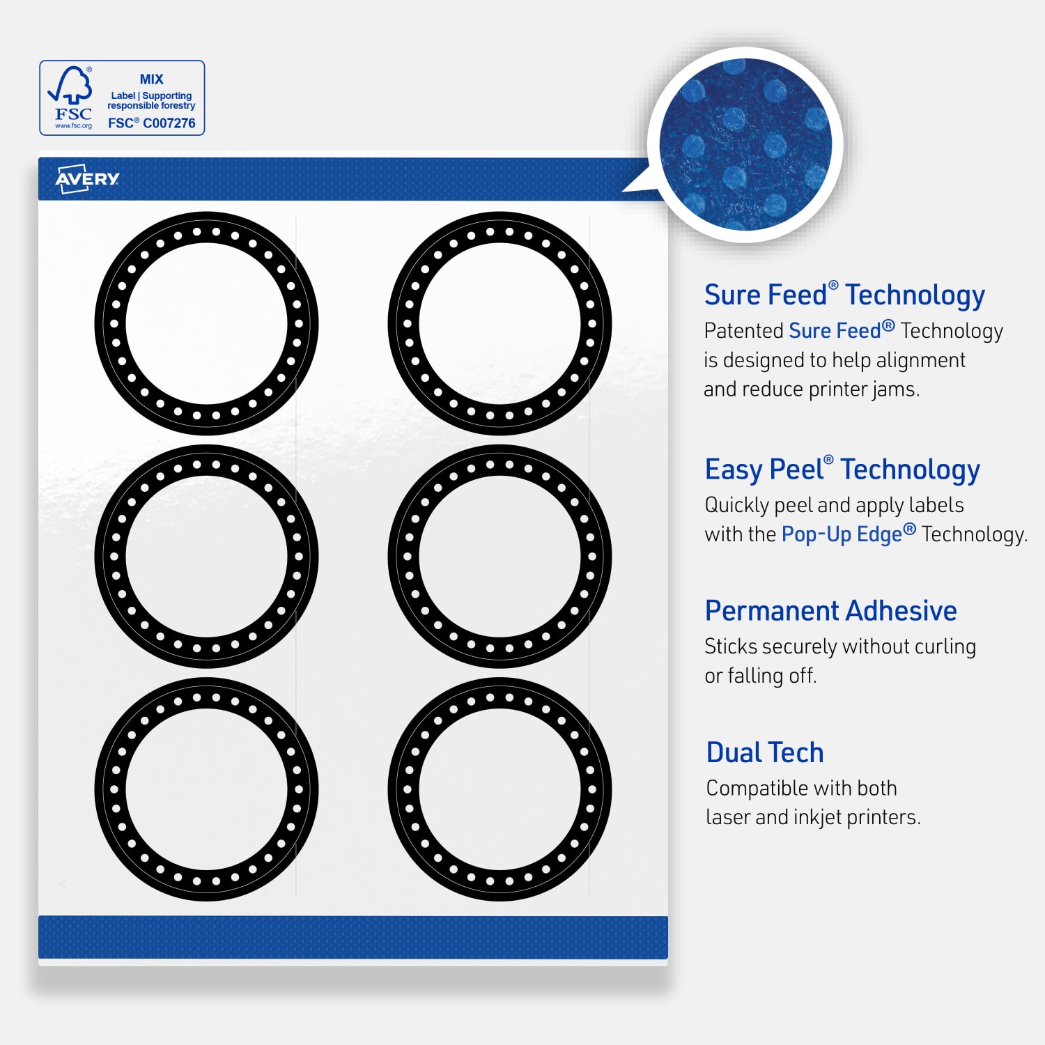 Avery Print-To-The-Edge Labels & Sure Feed, S00-DKP-PRWGP10, 3in Round, Glossy White, Preprinted Black & White Polka Dots Design, Pack Of 60 - Image 5