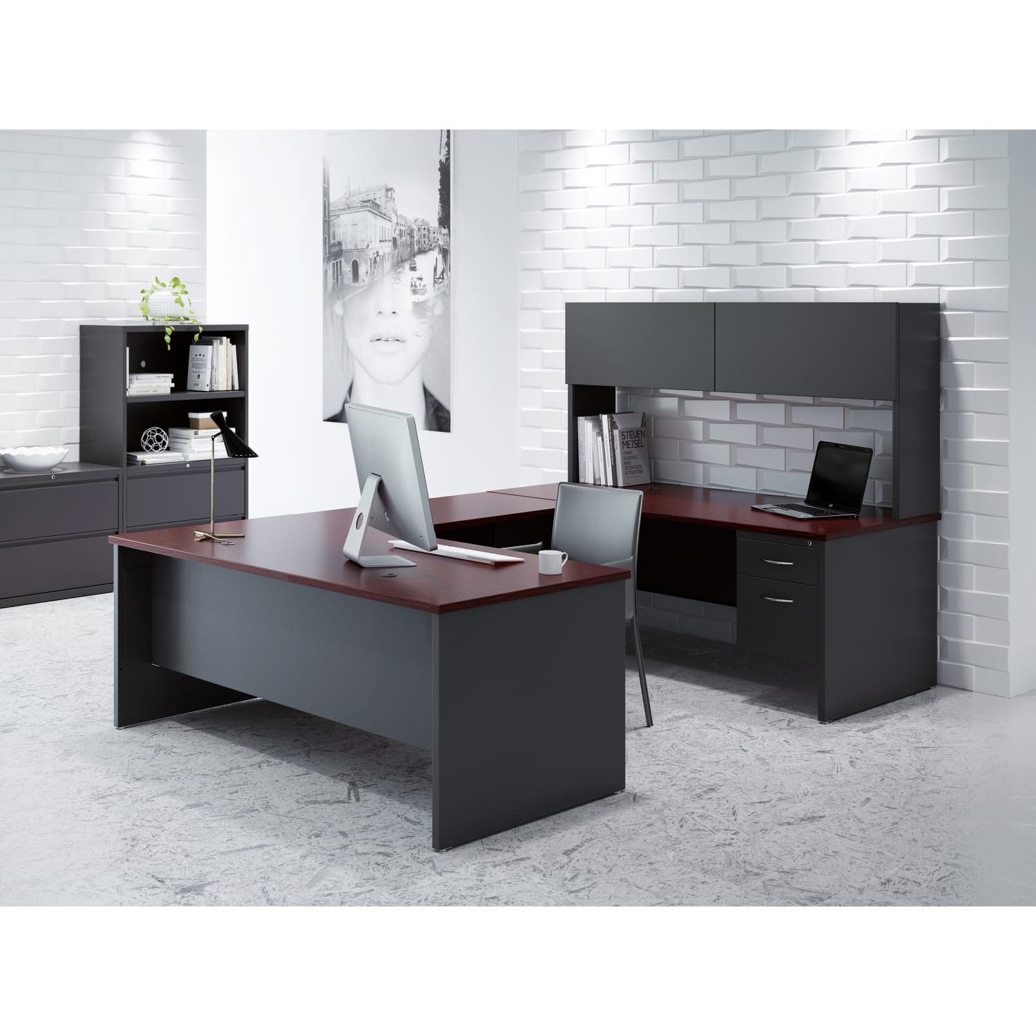 WorkPro Modular 72inW Right-Pedestal Computer Desk, Charcoal/Mahogany - Image 4