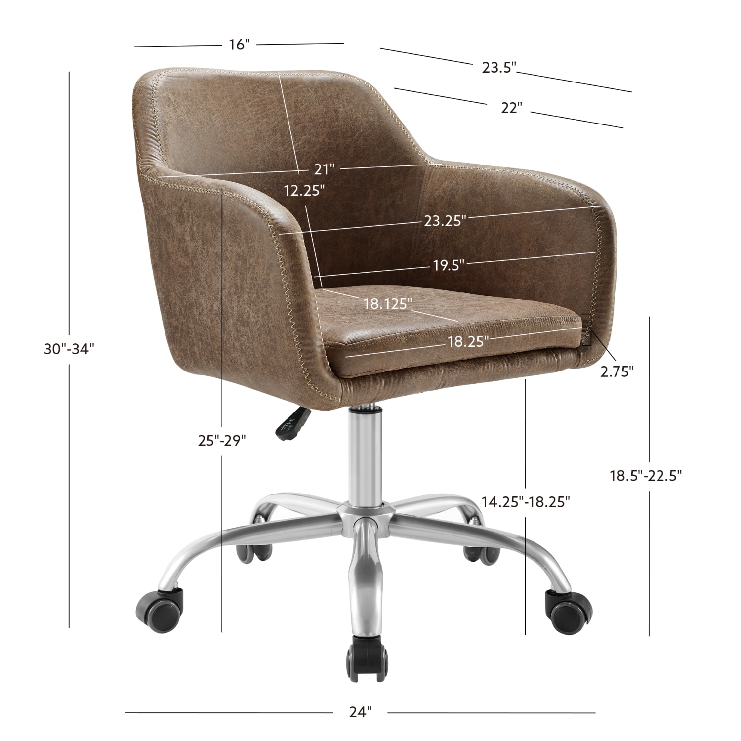 Linon Home Decor Products Ryker Fabric Mid-Back Home Office Chair, Rustic Brown/Silver - Image 6
