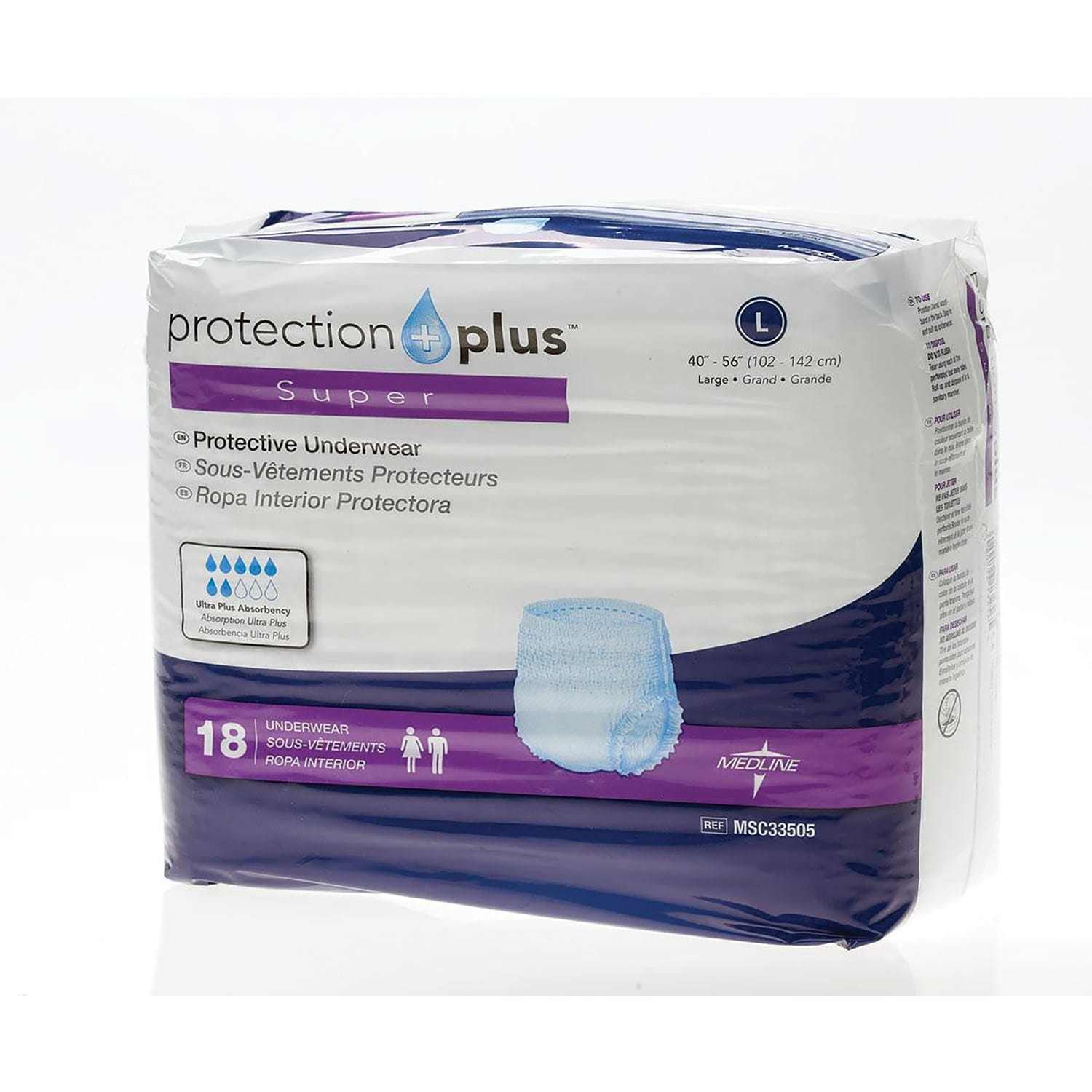 Protection Plus Super Protective Disposable Underwear, Large, 40 - 56in, White, Bag Of 18