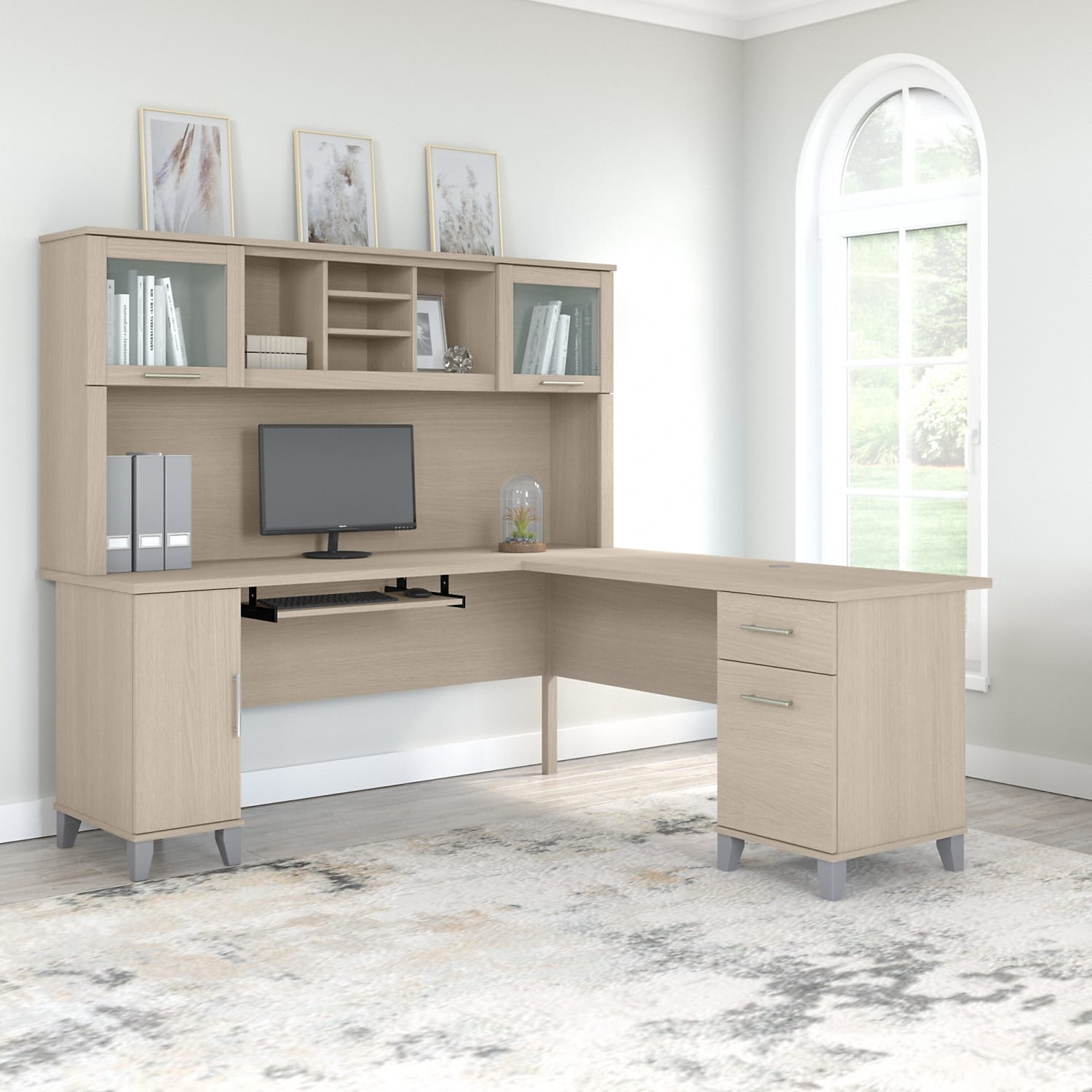Bush Furniture Somerset 72inW L-Shaped Desk With Hutch, Sand Oak, Standard Delivery - Image 3