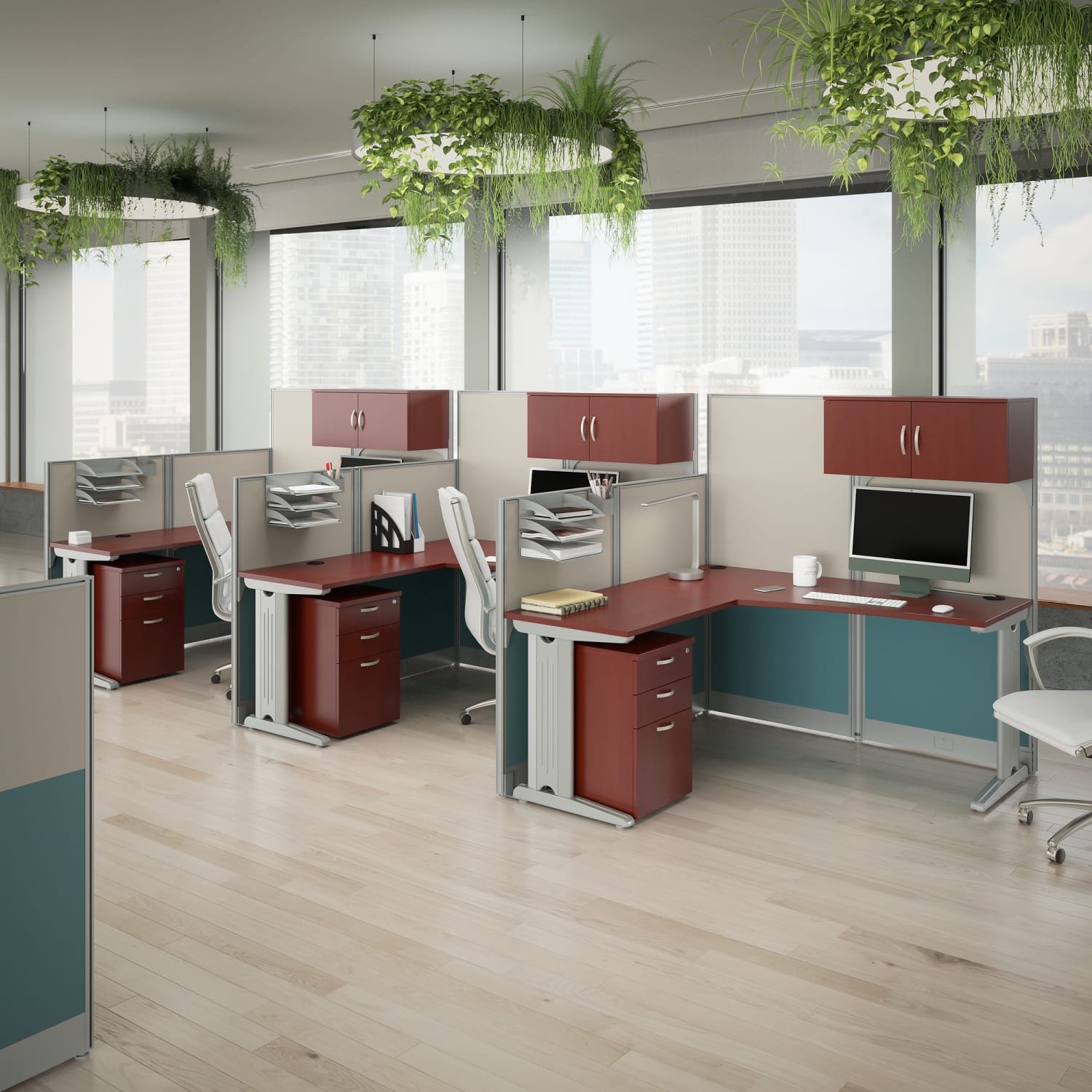 Bush Business Furniture Office in an Hour 3 Person L Shaped Cubicle Workstations, Hansen Cherry, Standard Delivery - Image 3