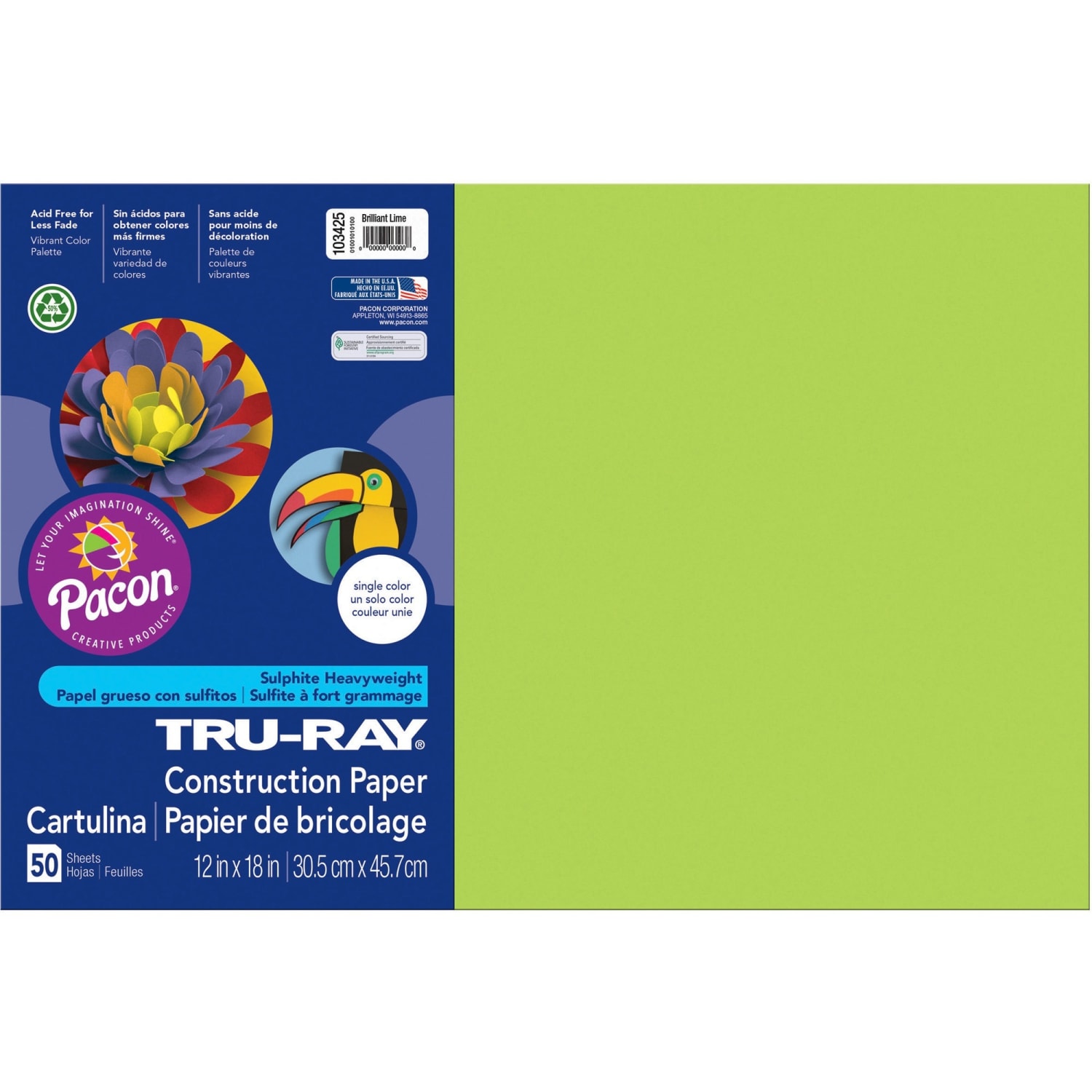 Tru-Ray Construction Paper, 50% Recycled, 12in x 18in, Brilliant Lime, Pack Of 50 - Image 3