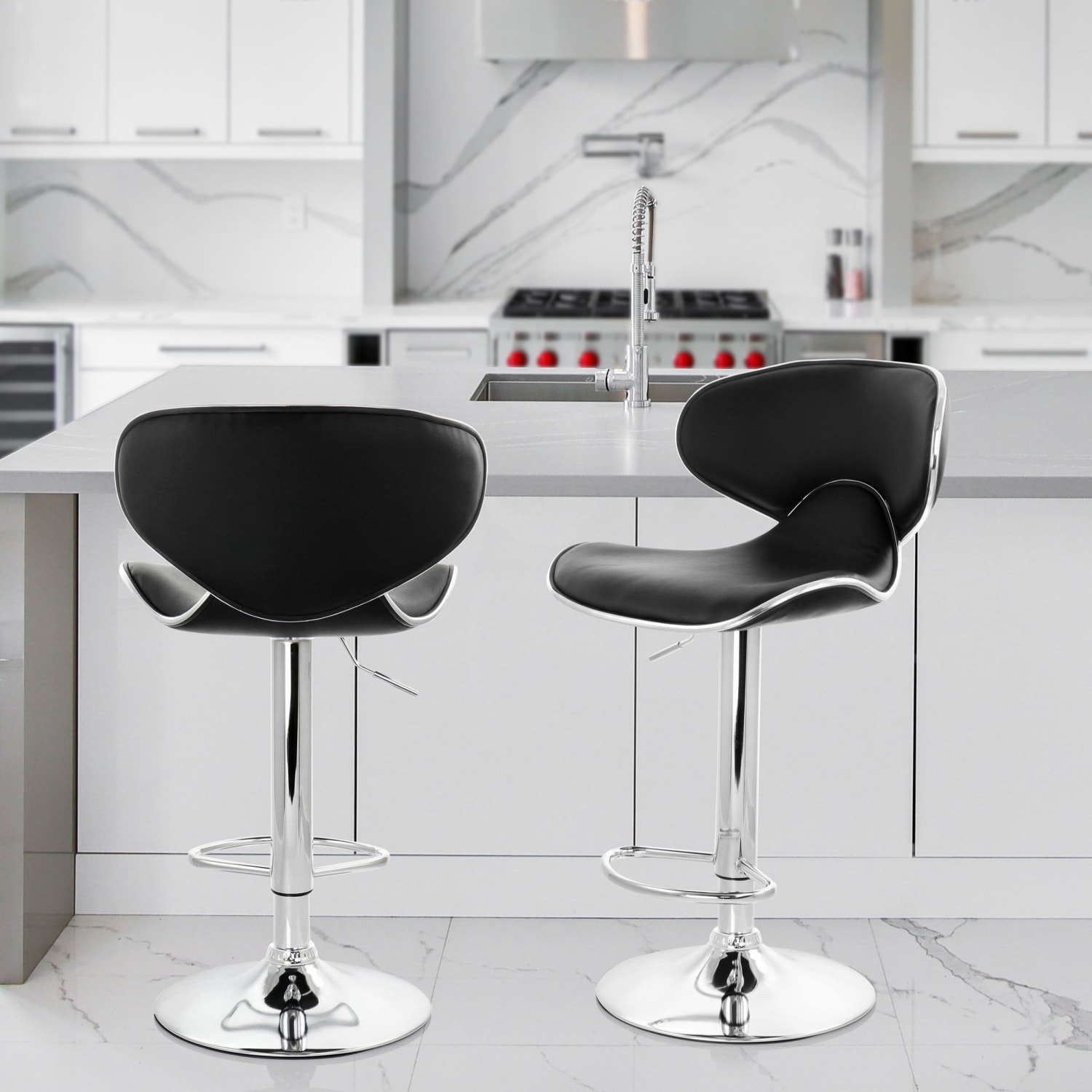 Elama Slim Faux Leather Adjustable Bar Stools, Black/Chrome, Set Of 2 Stools - Image 11
