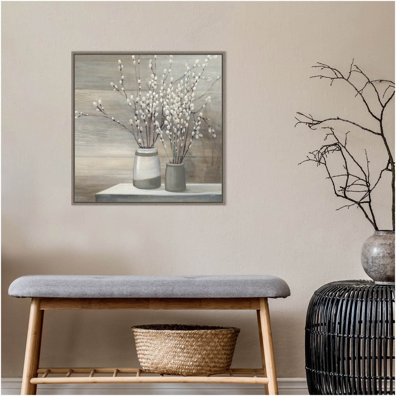 Amanti Art Pussy Willow Still Life Gray Pots Crop by Julia Purinton Framed Canvas Wall Art Print, 22in x 22in, Graywash - Image 4