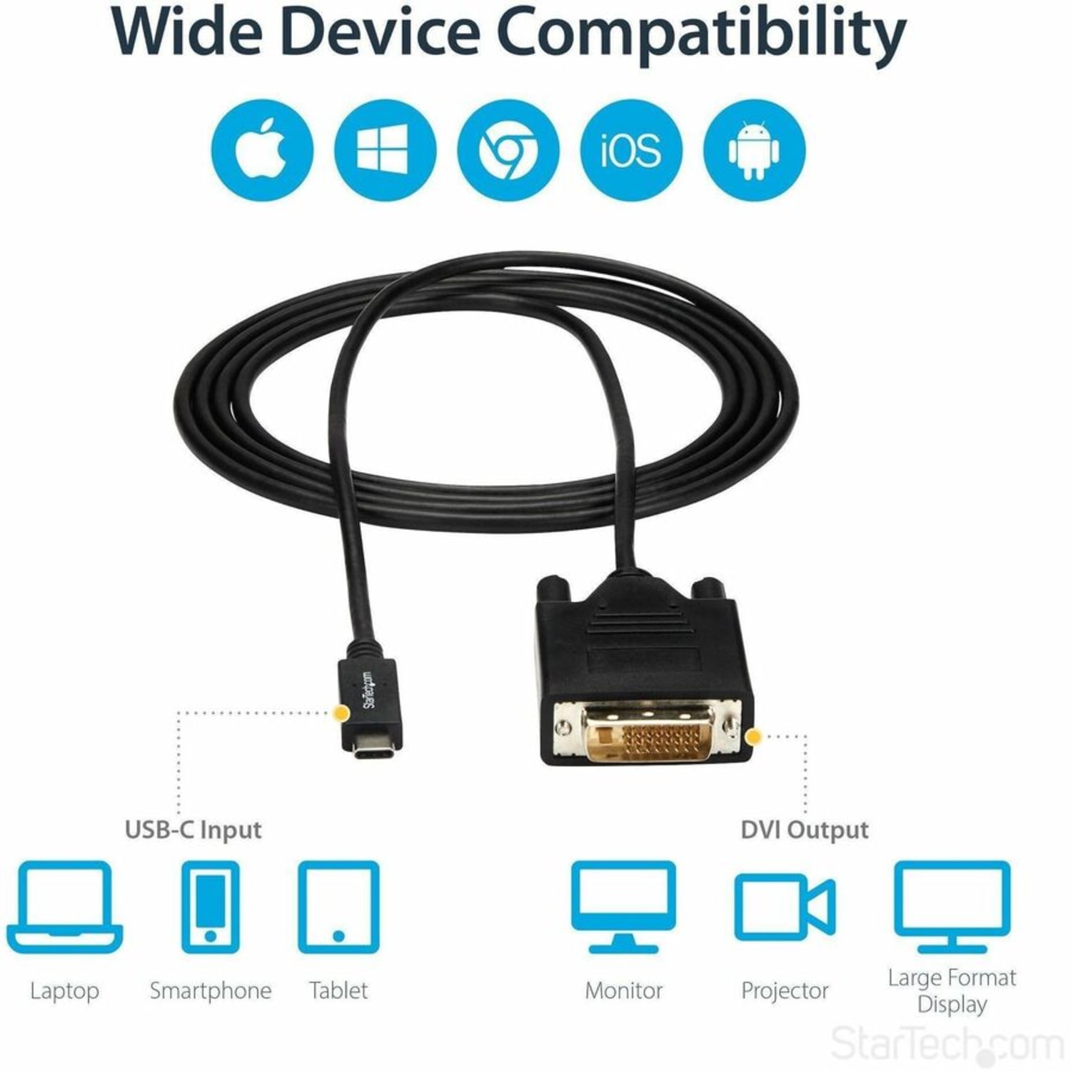 StarTech.com 6.6 ft/2 m USB-C to DVI Cable - USB Type-C Video Adapter Cable - 1920x 1200 - Black - 6.6 ft./2 m USB C to DVI cable and adapter in one - Image 4