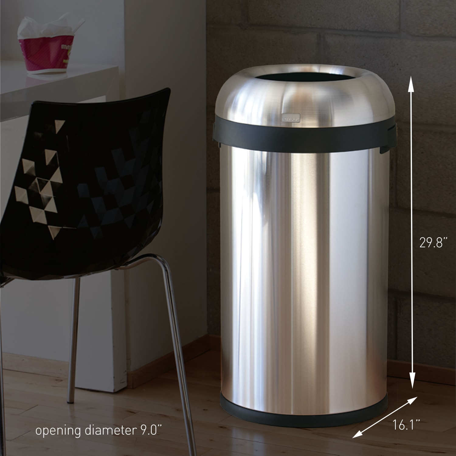 simplehuman Commercial Open Top Trash Can, Bullet Round, 16 Gallons, 29.8in x 16.1in x 15.8in, Brushed Heavy-Gauge Stainless Steel - Image 6