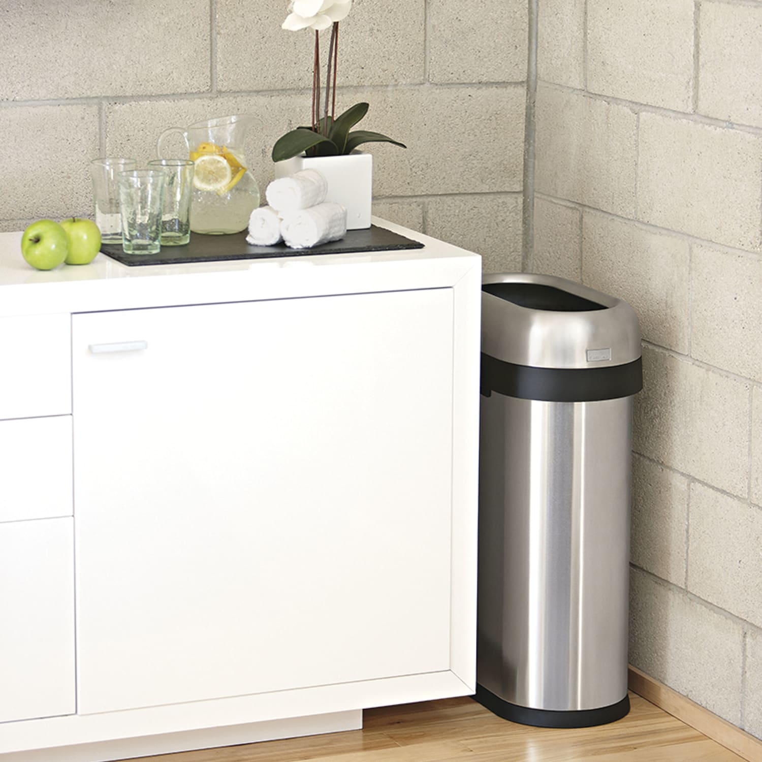 simplehuman Commercial Open Top Trash Can, Slim Oval, 13 Gallons, 27.4in x 10.7in x 18.2in, Brushed Heavy-Gauge Stainless Steel - Image 3