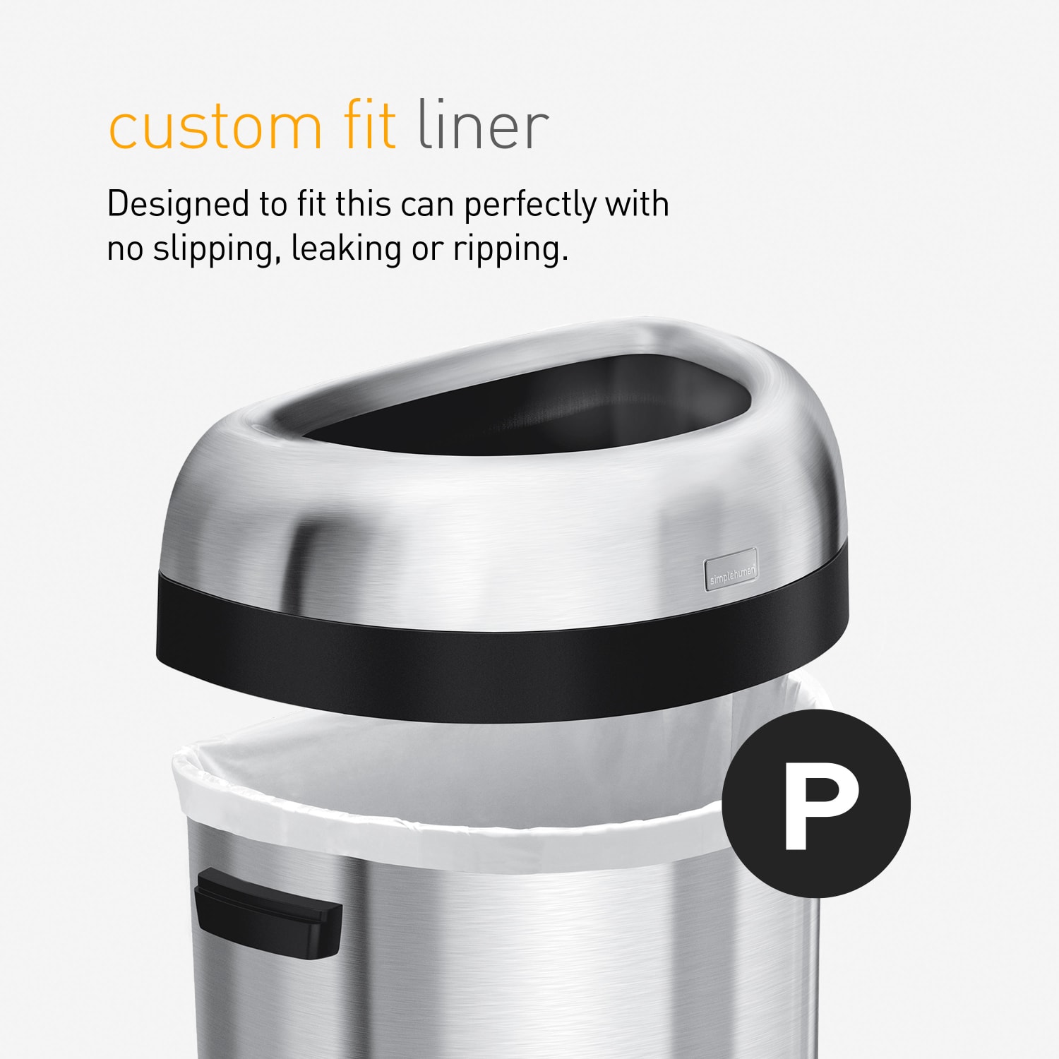simplehuman Commercial Open Top Trash Can, Semi-Round, 16 Gallons, 29.9in x 18.5in x 13.1in, Brushed Heavy-Gauge Stainless Steel - Image 5