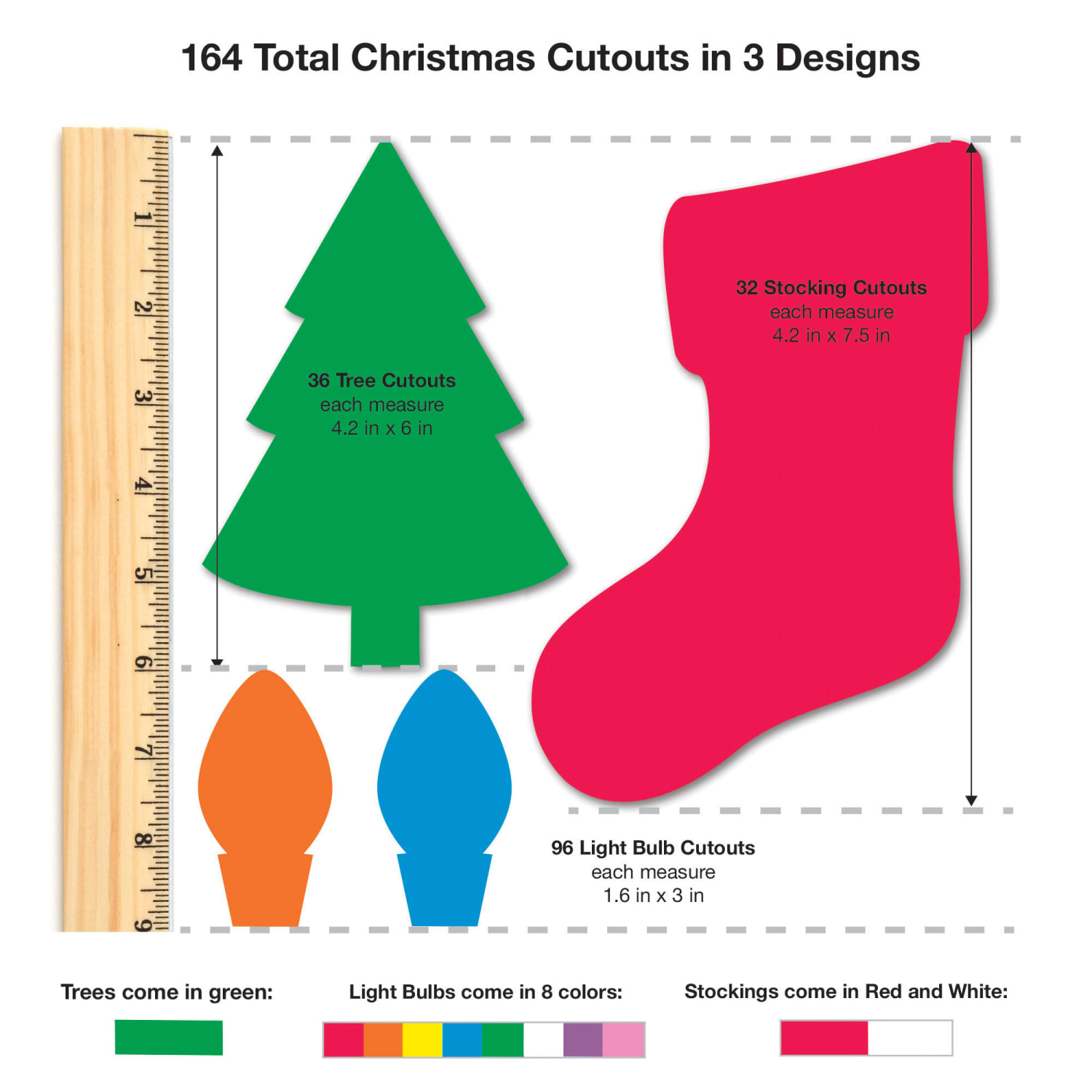 FreshCut Crafts Punch Out Paper Cutouts, Christmas Shapes, Trees, Stockings & Light Bulb, 164 Pieces - Image 3