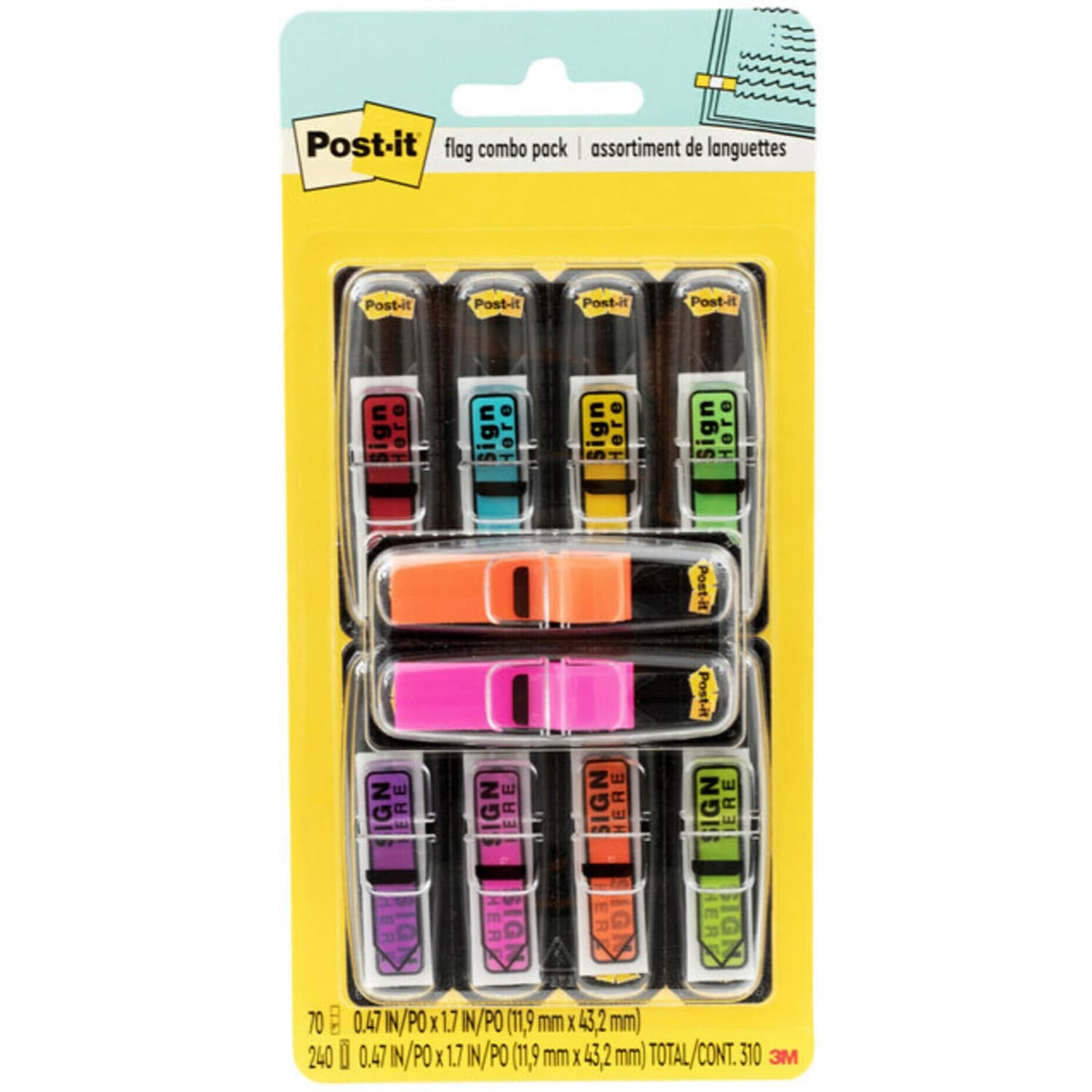 Post-it Signature and Highlight Flag Combo Pack, .5in x 1.75in, Assorted Colors, 1 Pack, 240 Flags/Pack, 70 Flags/Pack, Back to School Supplies