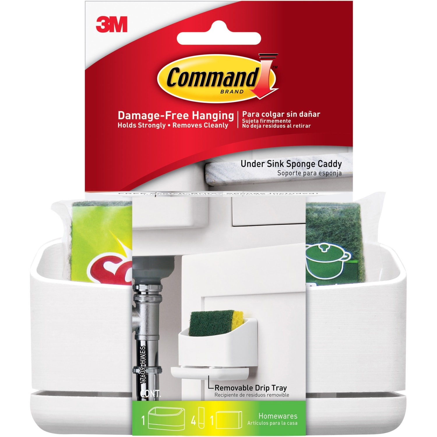 Command Under Sink Sponge Caddy, 9.38inH x 12inW x 7.75inD, White, 1 / Pack