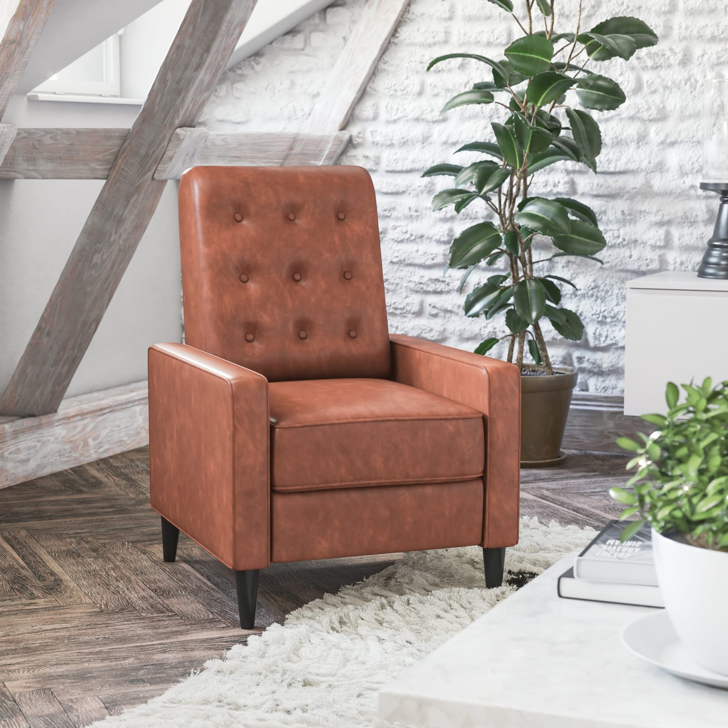 Flash Furniture Ezra Upholstered Button Tufted Push Back Recliner Cognac Brown PopularChairscom